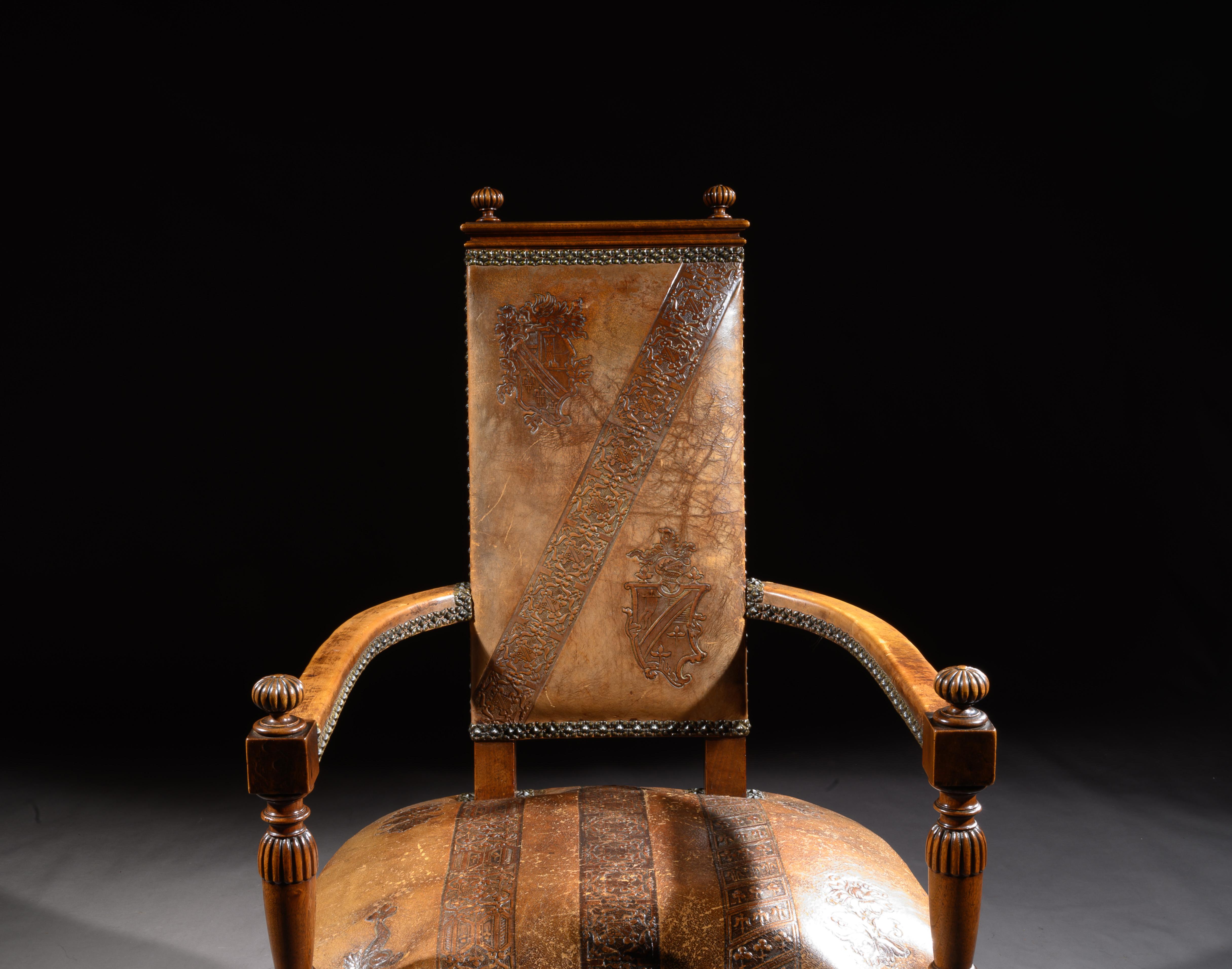 Unusual Spanish Embossed Leather Walnut Open Armchair In Good Condition In Benington, Herts