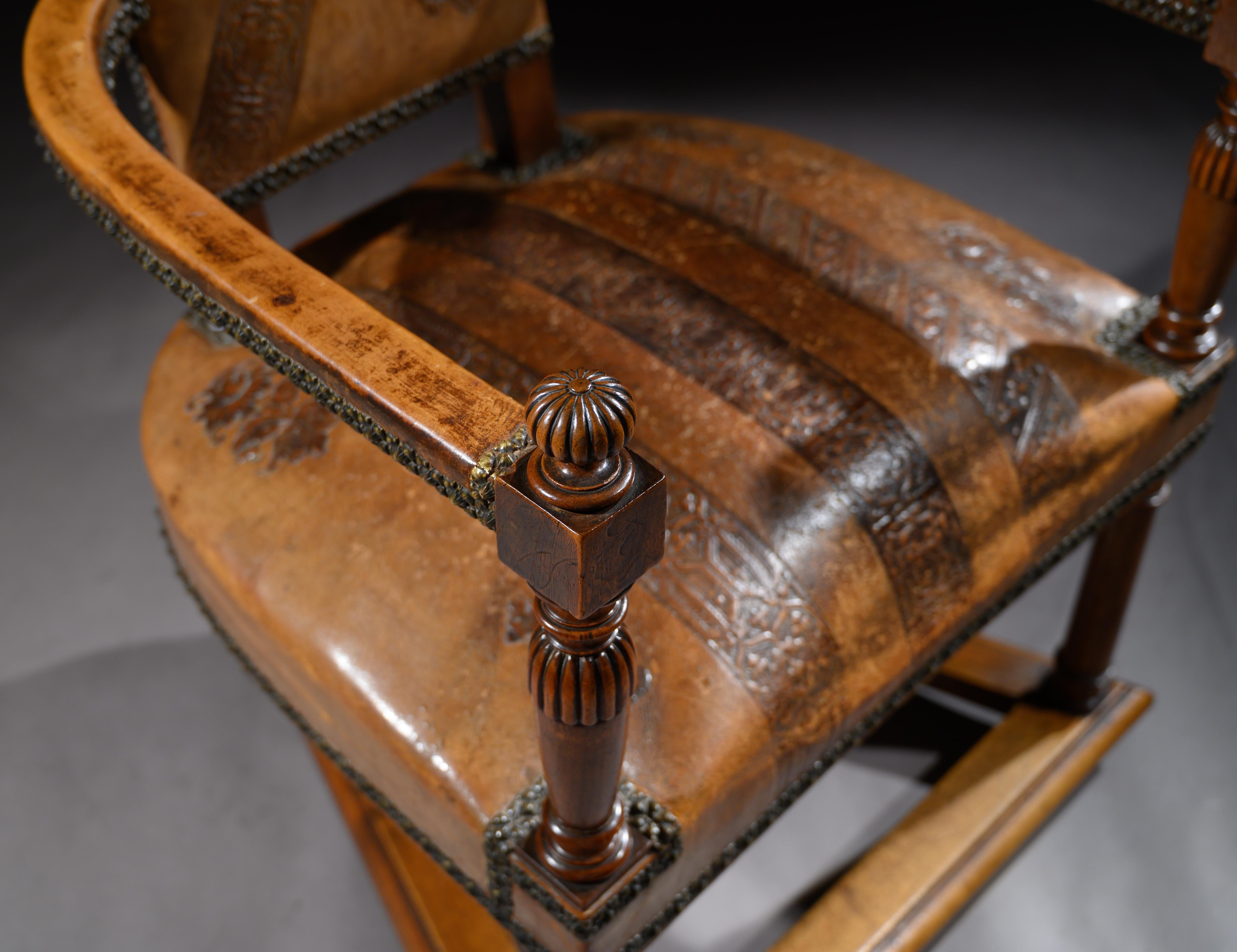 Unusual Spanish Embossed Leather Walnut Open Armchair 3