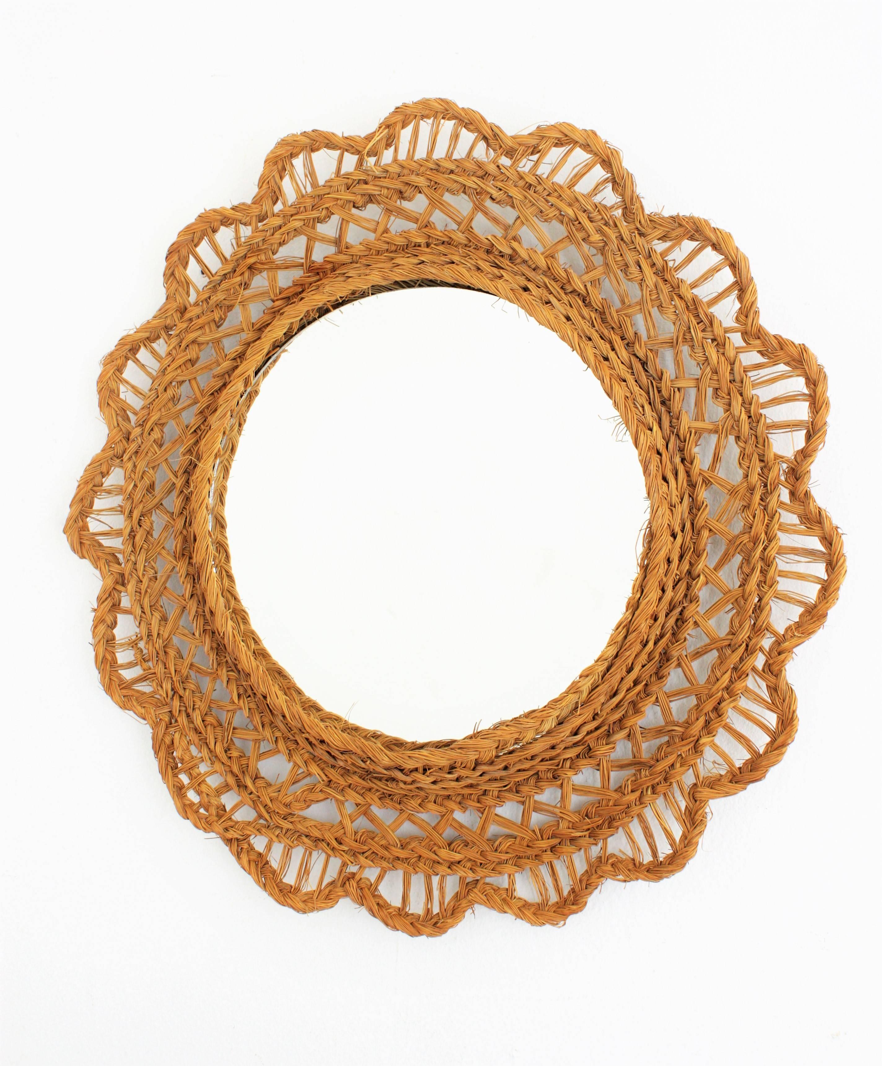 Mid-Century Modern Unusual Spanish Mid-20th Century Handwoven Esparto Grass Flower Shaped Mirror