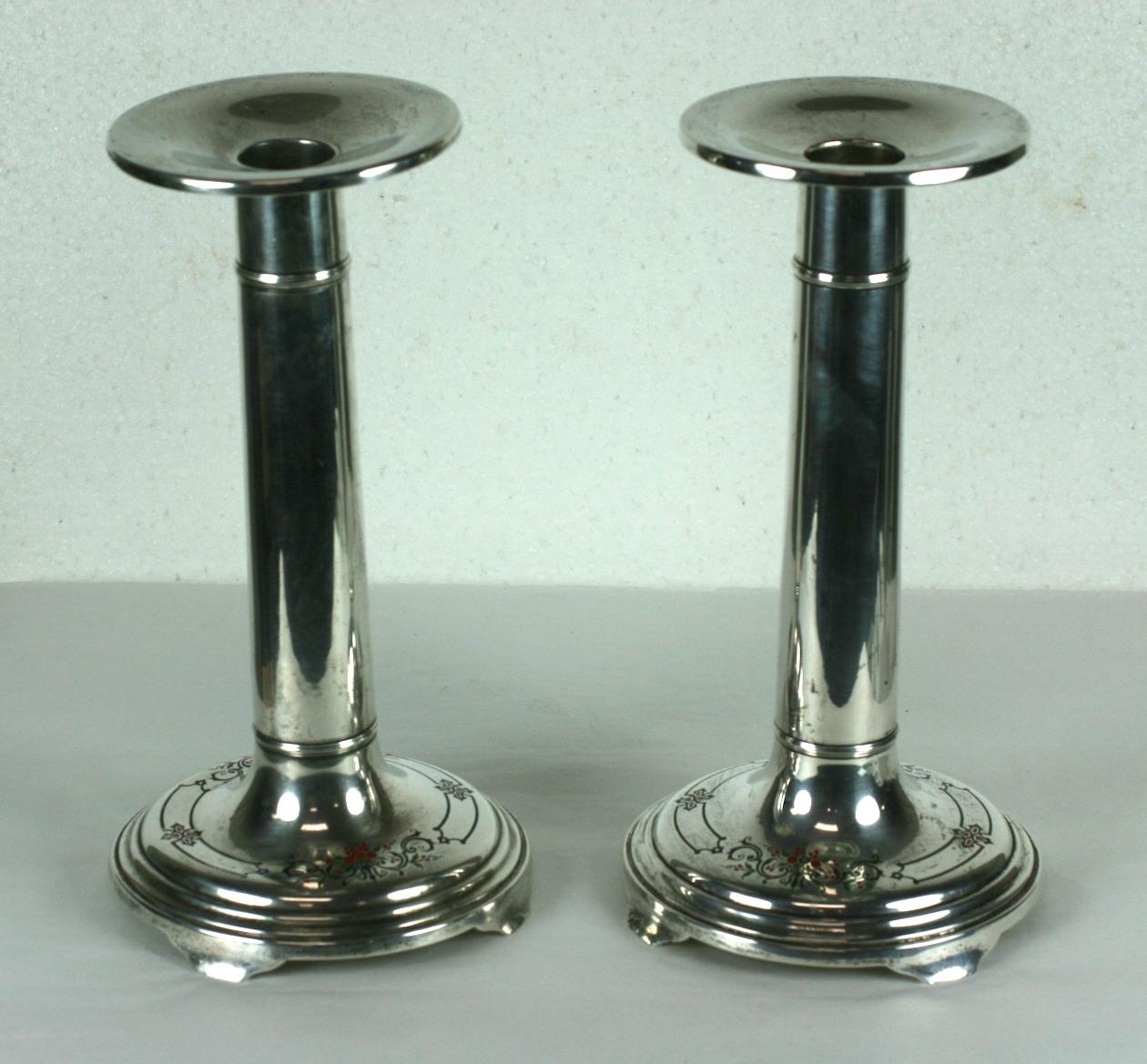 American Unusual Sterling and Enamel Art Deco Candlesticks For Sale