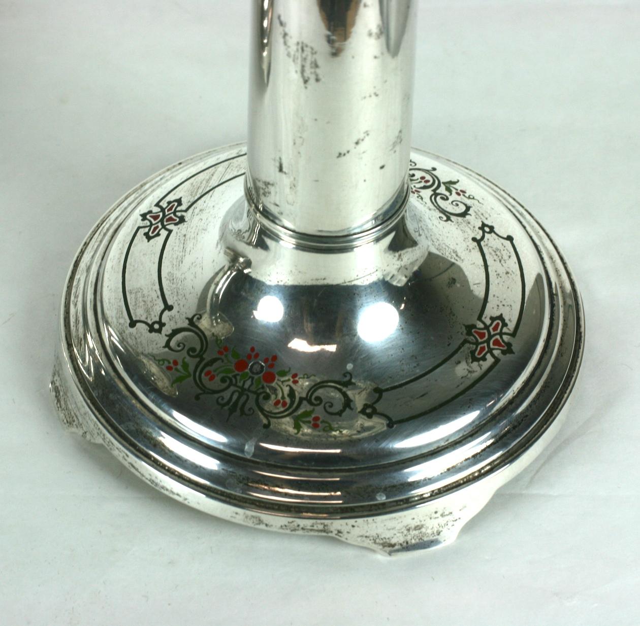 Mid-20th Century Unusual Sterling and Enamel Art Deco Candlesticks For Sale