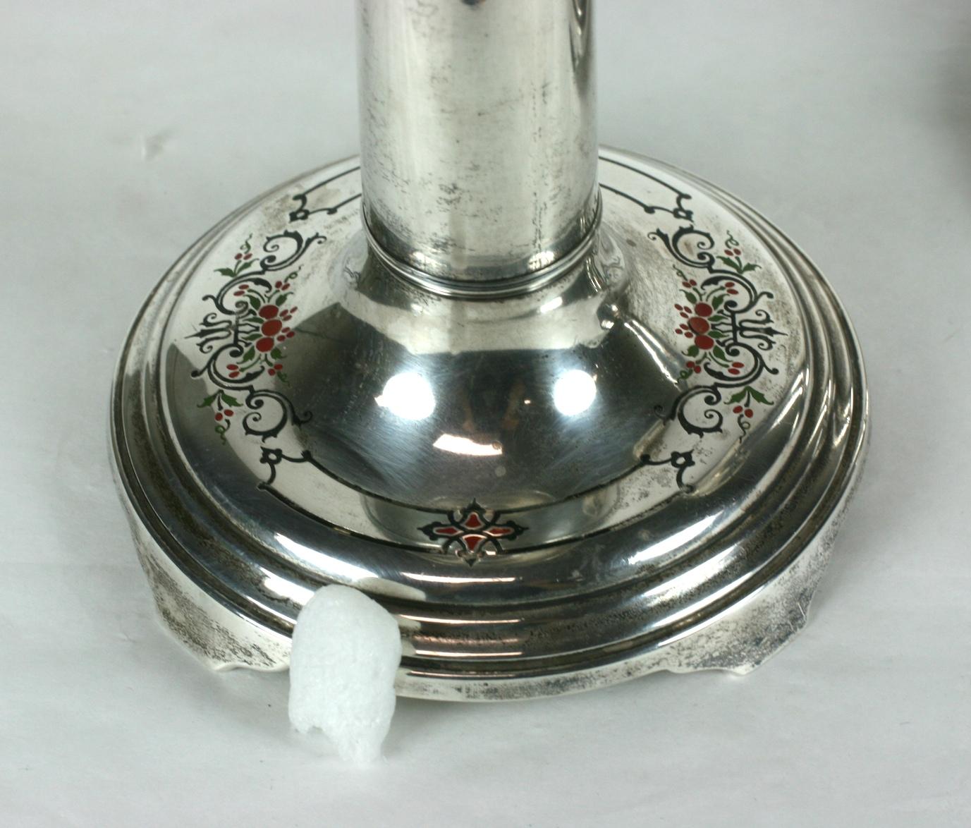 Sterling Silver Unusual Sterling and Enamel Art Deco Candlesticks For Sale