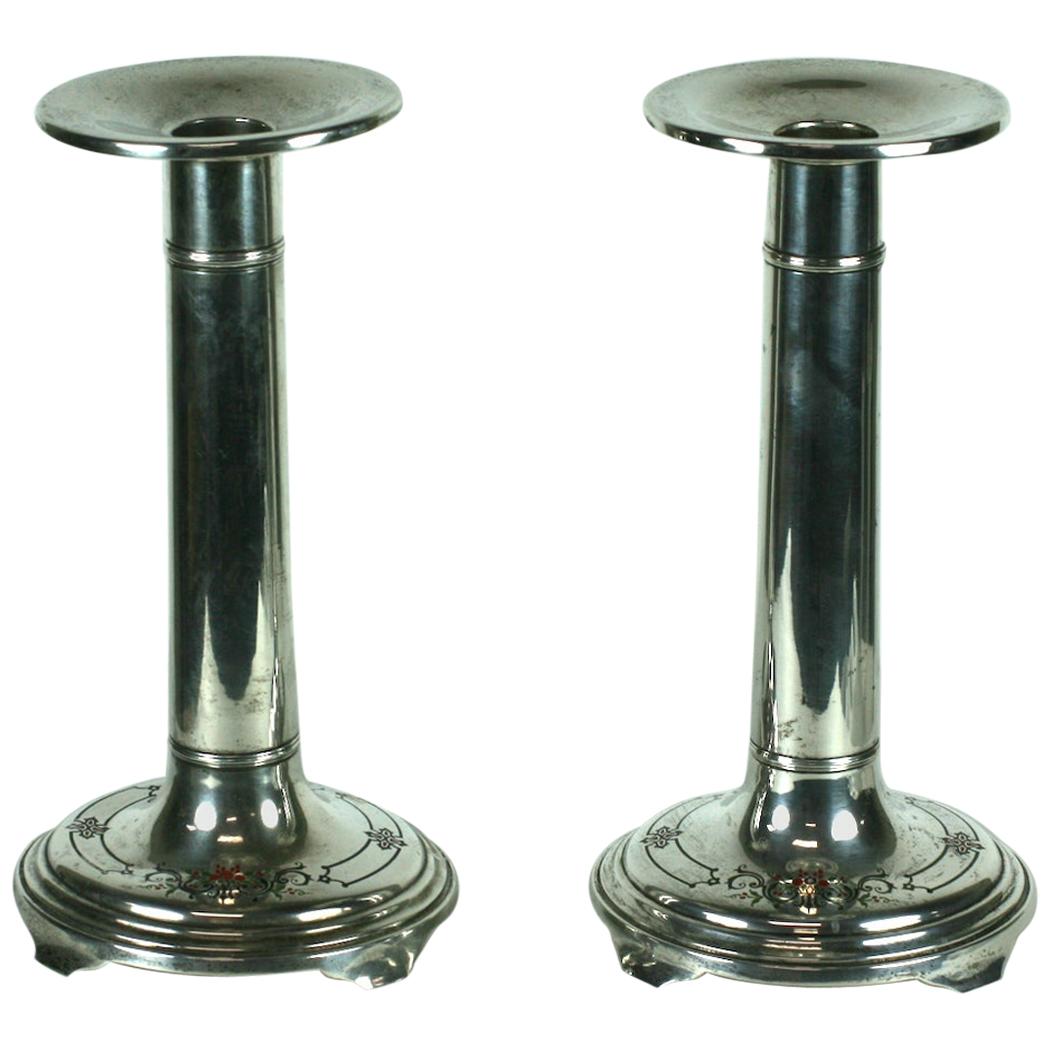 Unusual Sterling and Enamel Art Deco Candlesticks For Sale