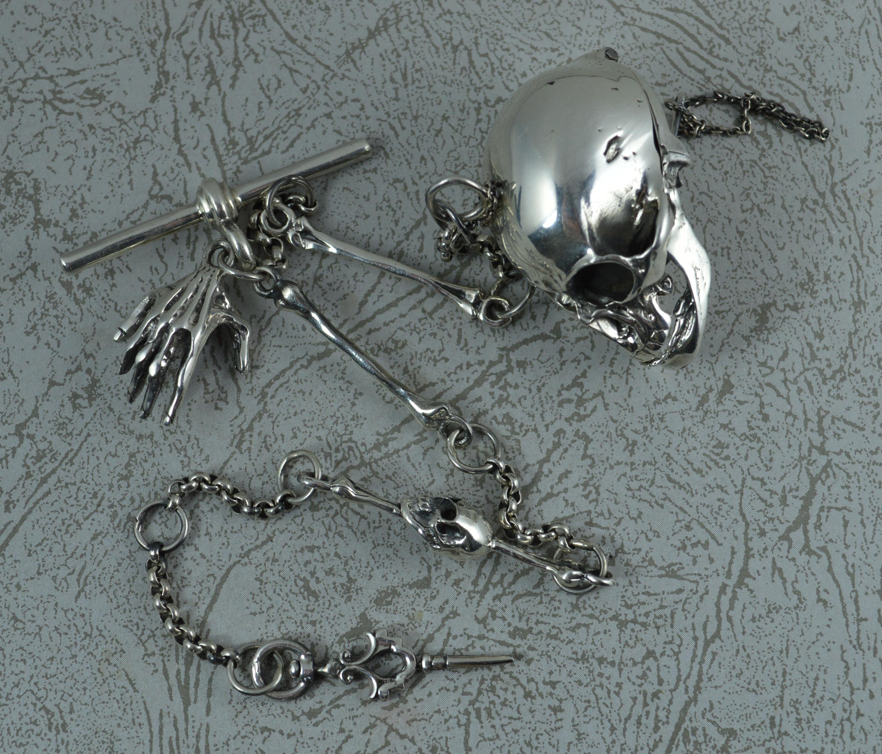 Unusual Sterling Silver Skull Pendant and Watch Chain 2