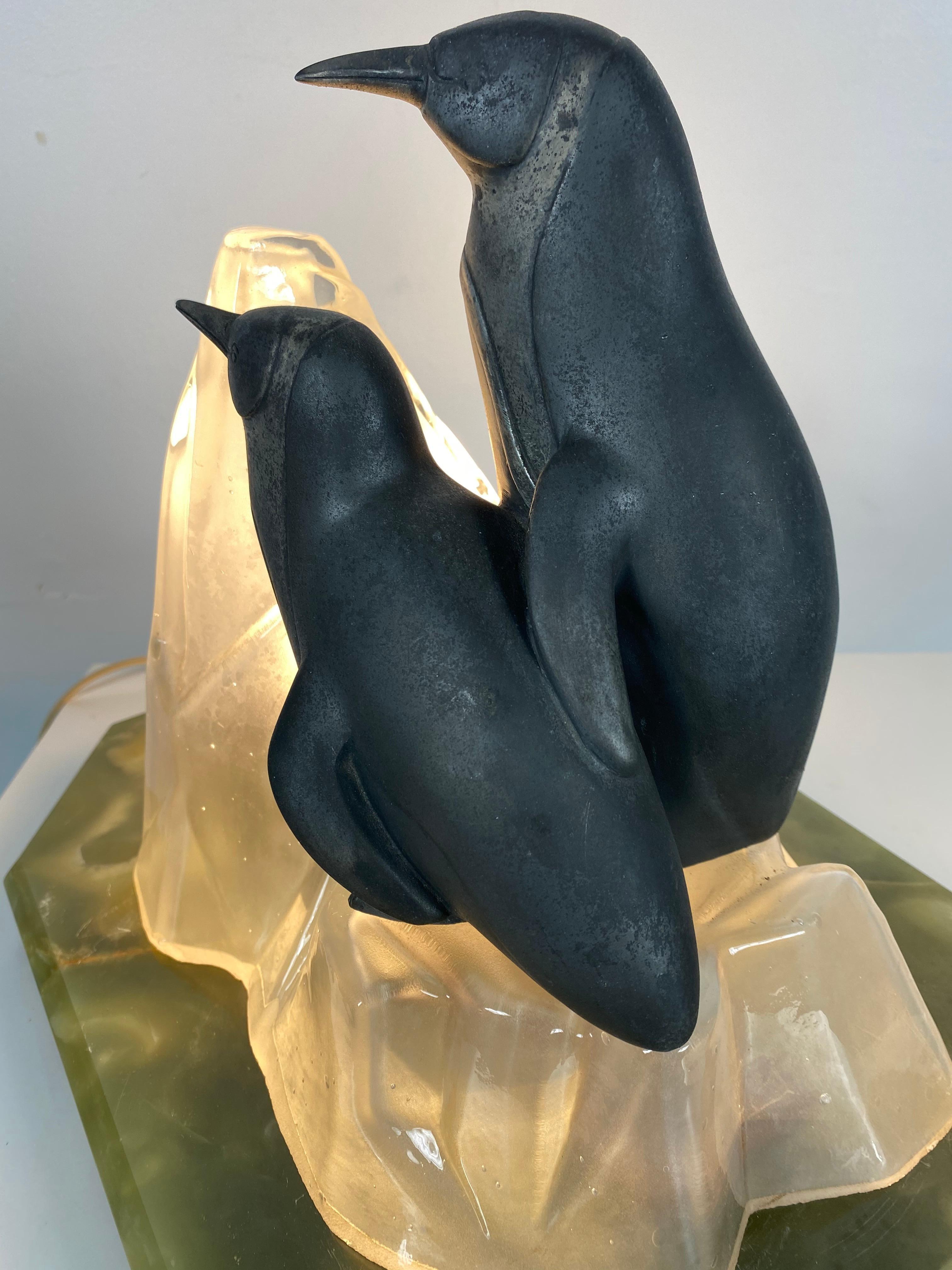 Bronzed Unusual, Stylized Art Deco Penguin's and Glass Ice Glacier Table Lamp