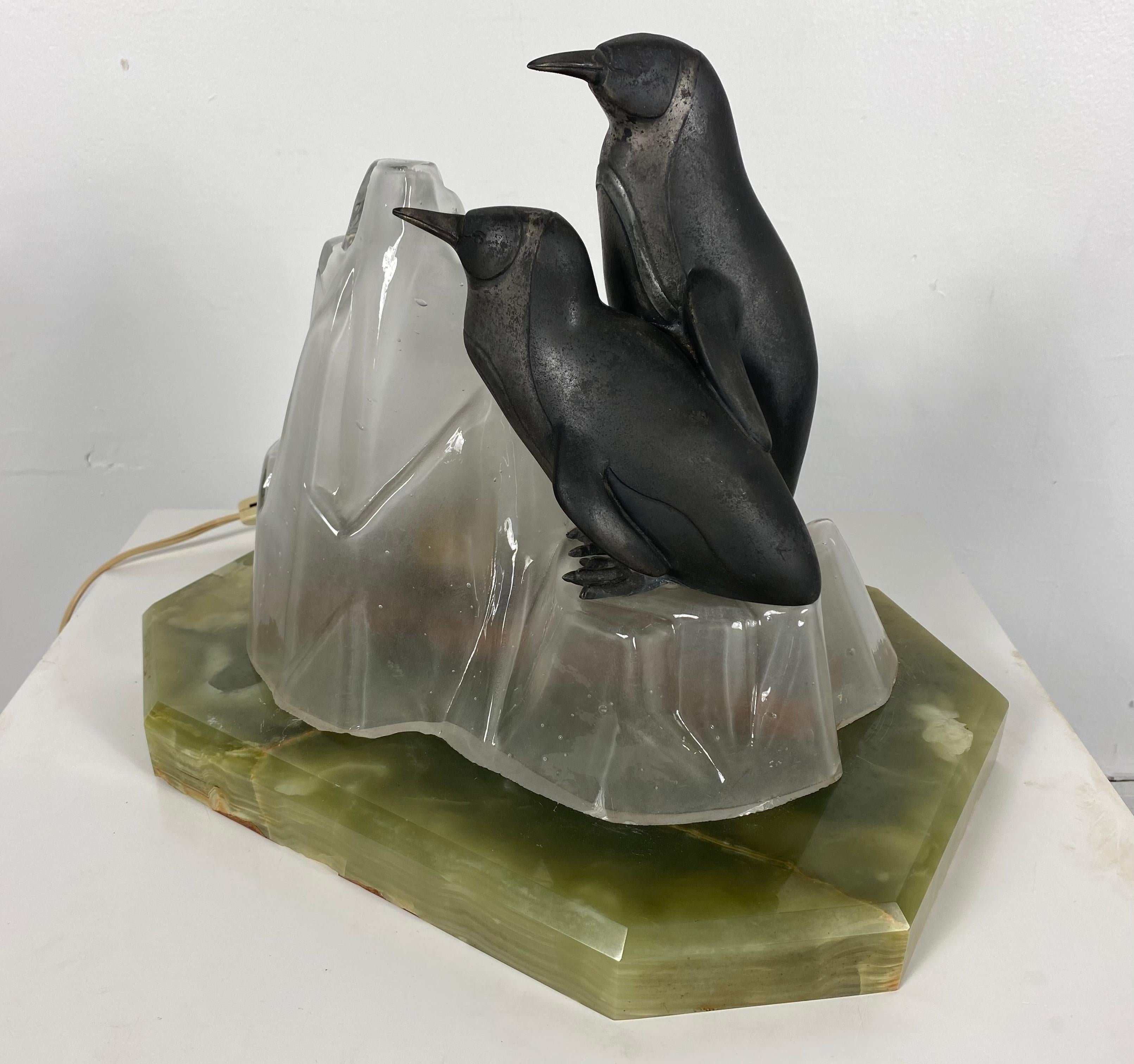 Unusual, Stylized Art Deco Penguin's and Glass Ice Glacier Table Lamp In Good Condition In Buffalo, NY