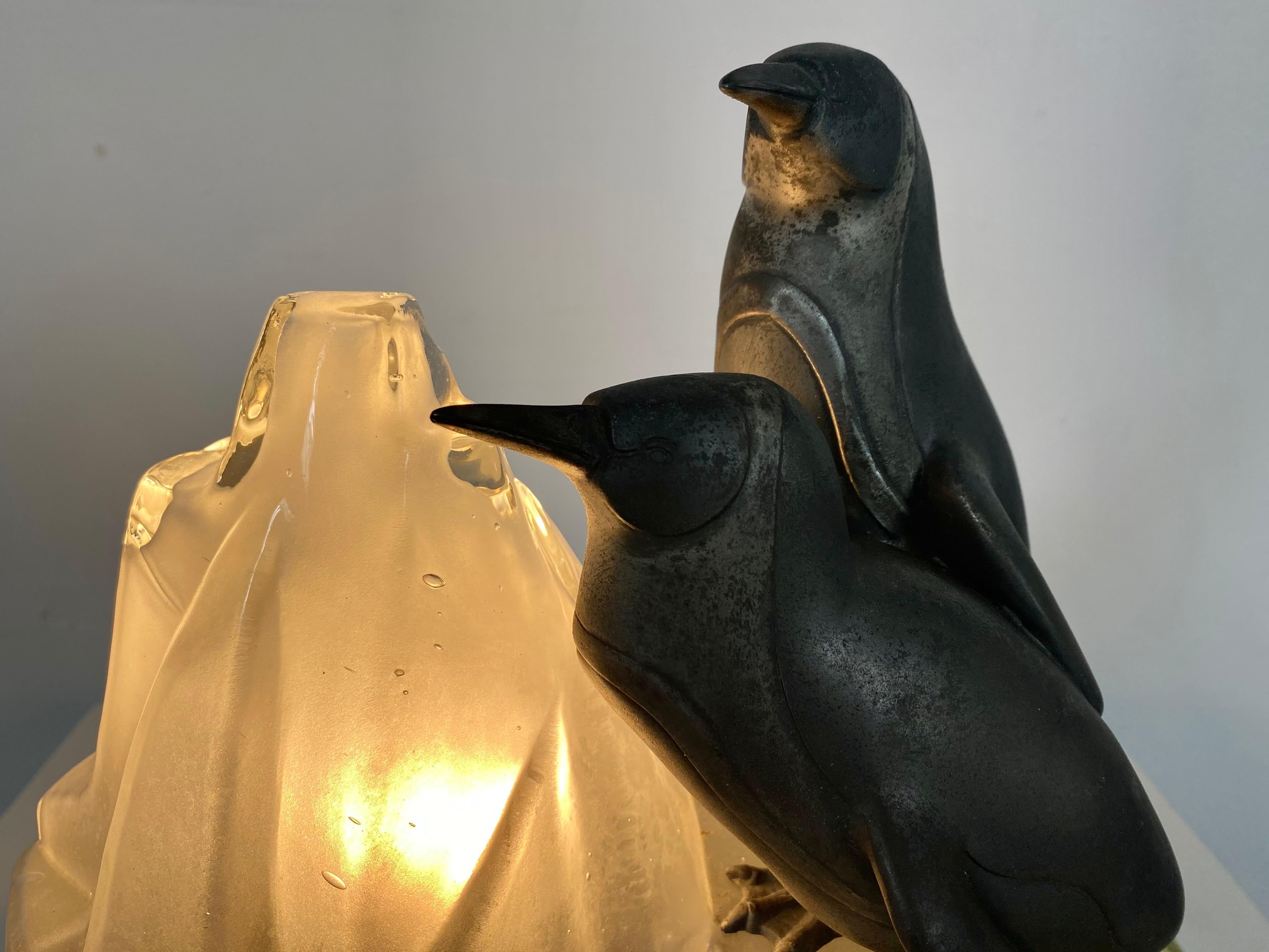 Mid-20th Century Unusual, Stylized Art Deco Penguin's and Glass Ice Glacier Table Lamp