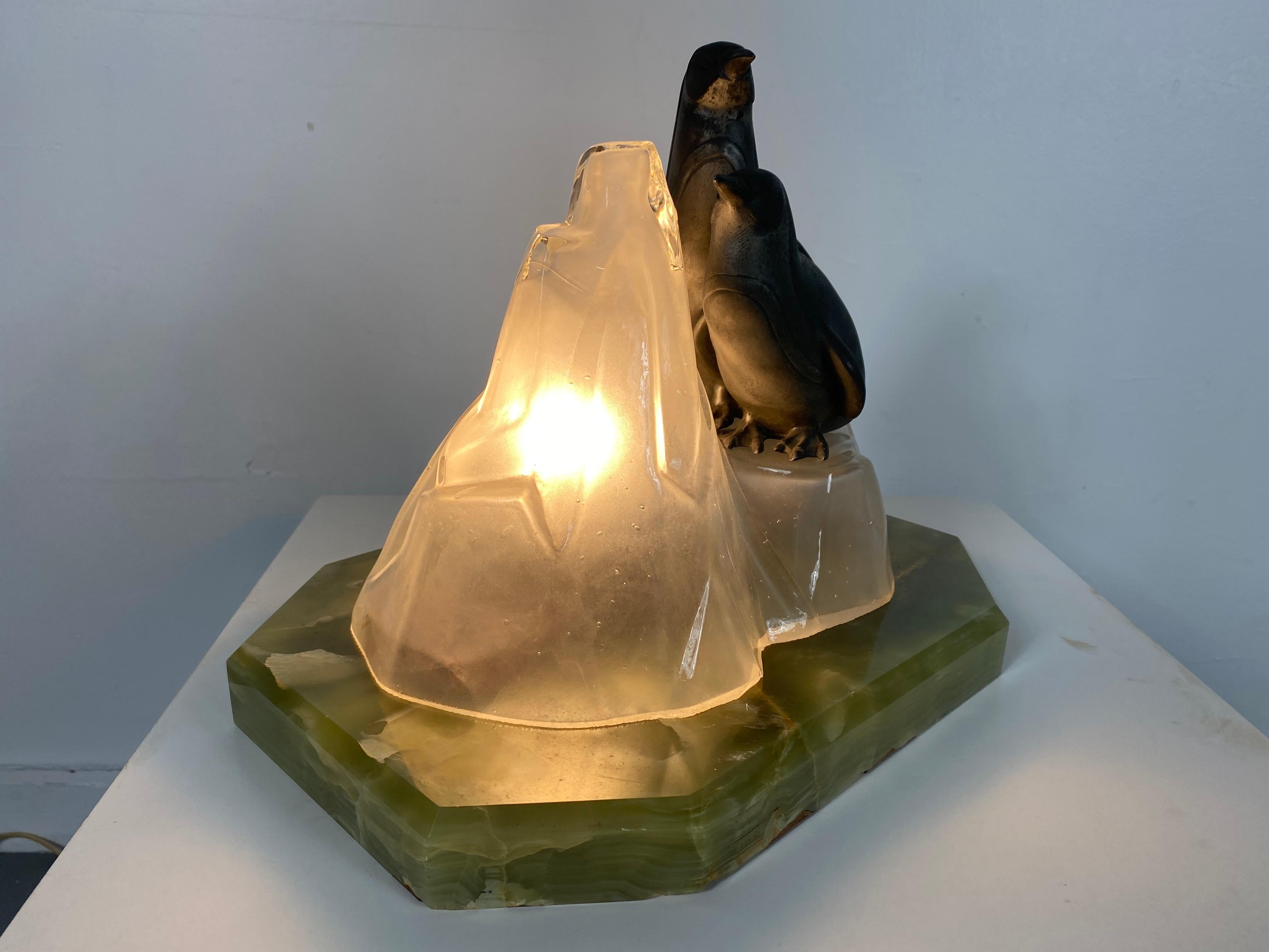 Metal Unusual, Stylized Art Deco Penguin's and Glass Ice Glacier Table Lamp