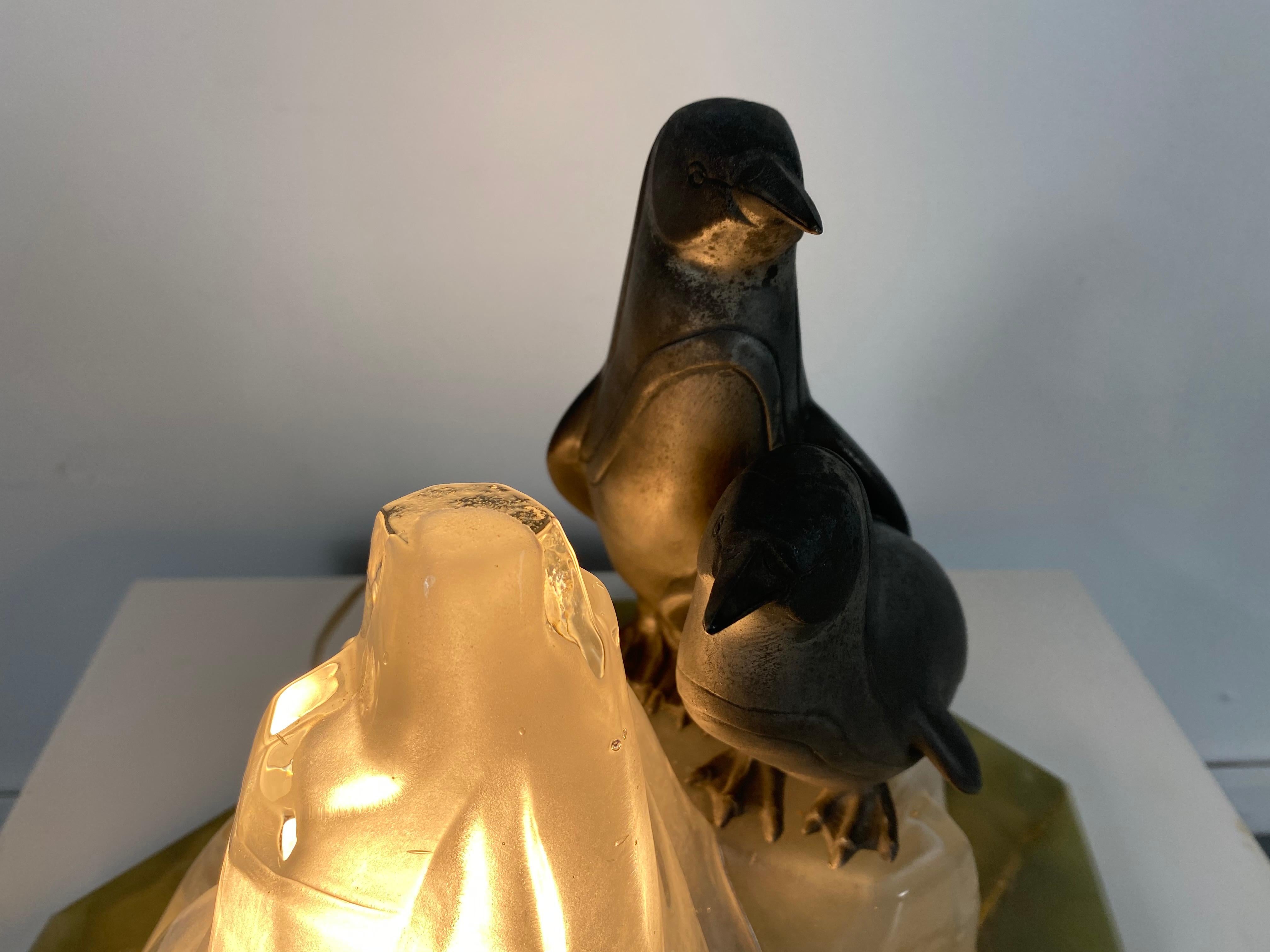 Unusual, Stylized Art Deco Penguin's and Glass Ice Glacier Table Lamp 1