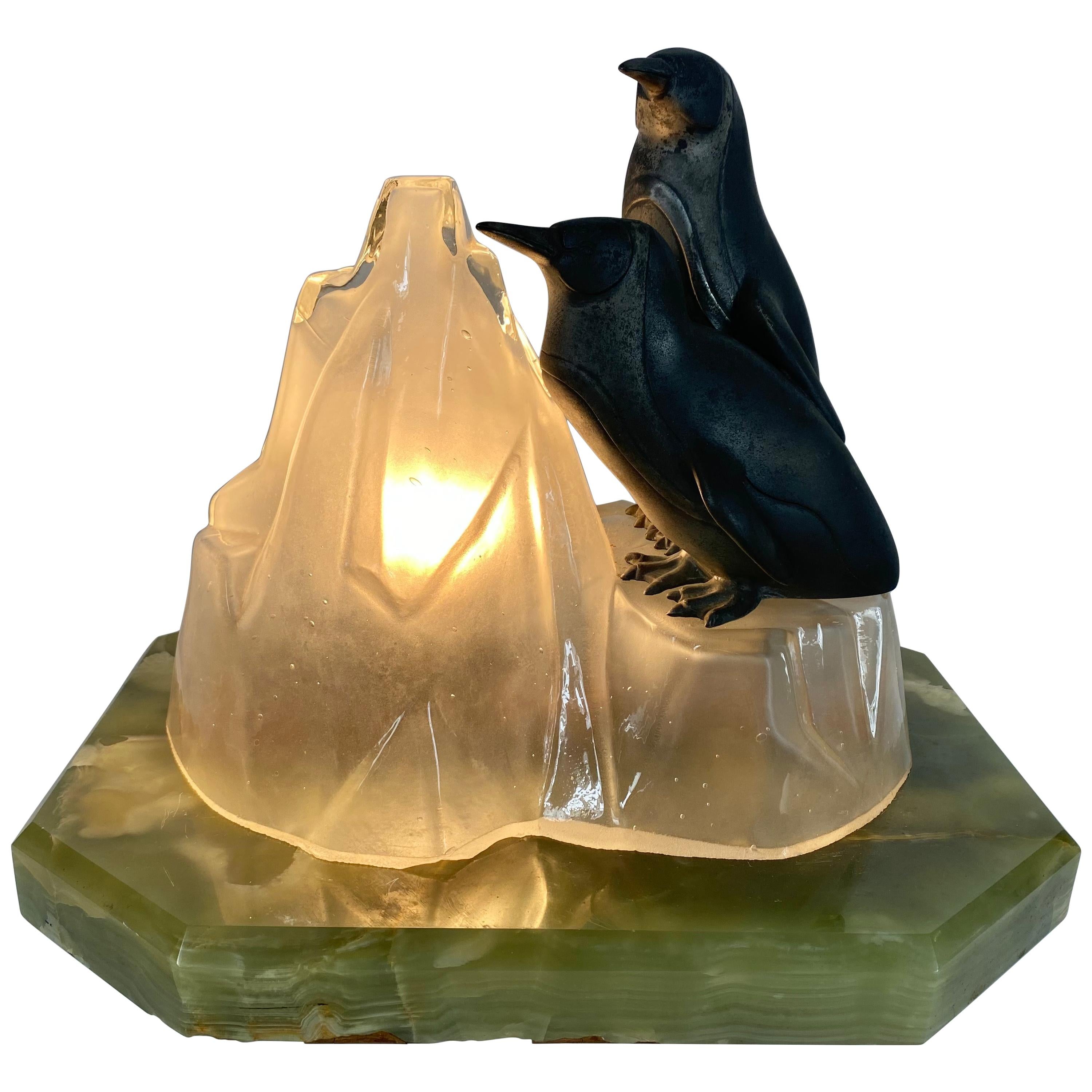 Unusual, Stylized Art Deco Penguin's and Glass Ice Glacier Table Lamp