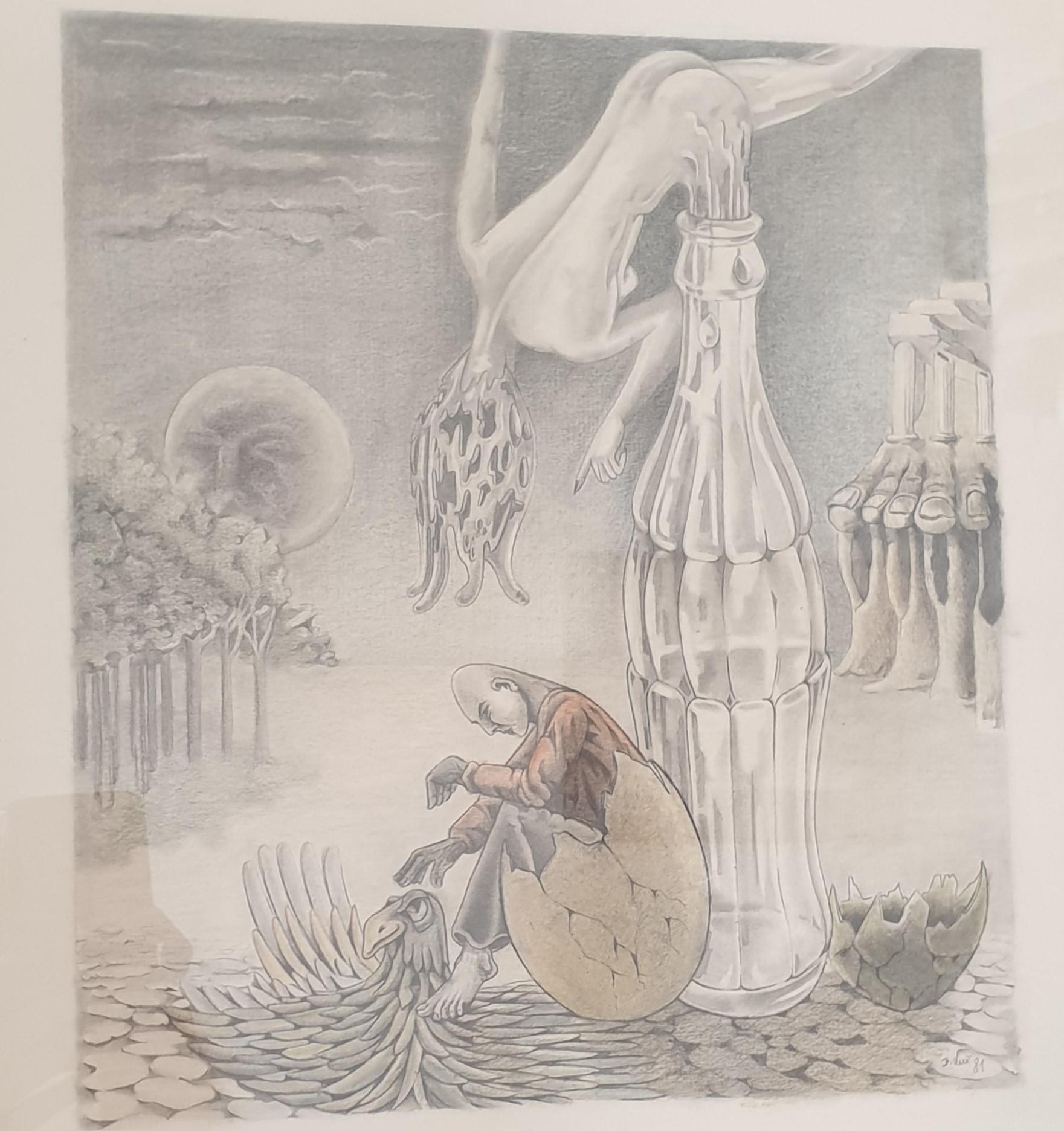 Unusual Surrealist style drawing with hand tinting, an original piece. It depicts the genie being let out of the bottle as man affects climate change and wreaks havoc on the natural world.Signed to the back. 