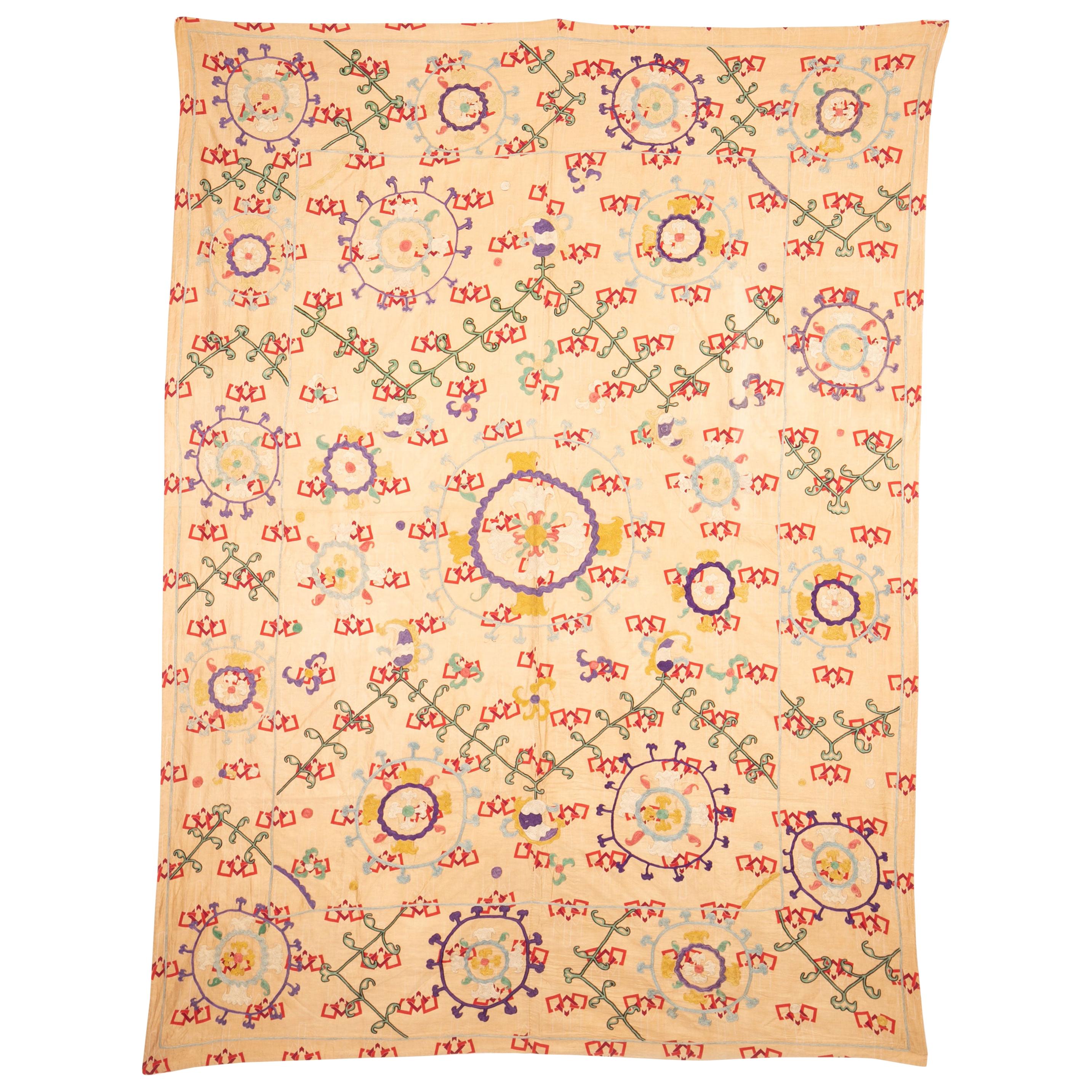 Unusual Suzani Done on a Printed Cotton, Uzbekistan, Early 20th Century