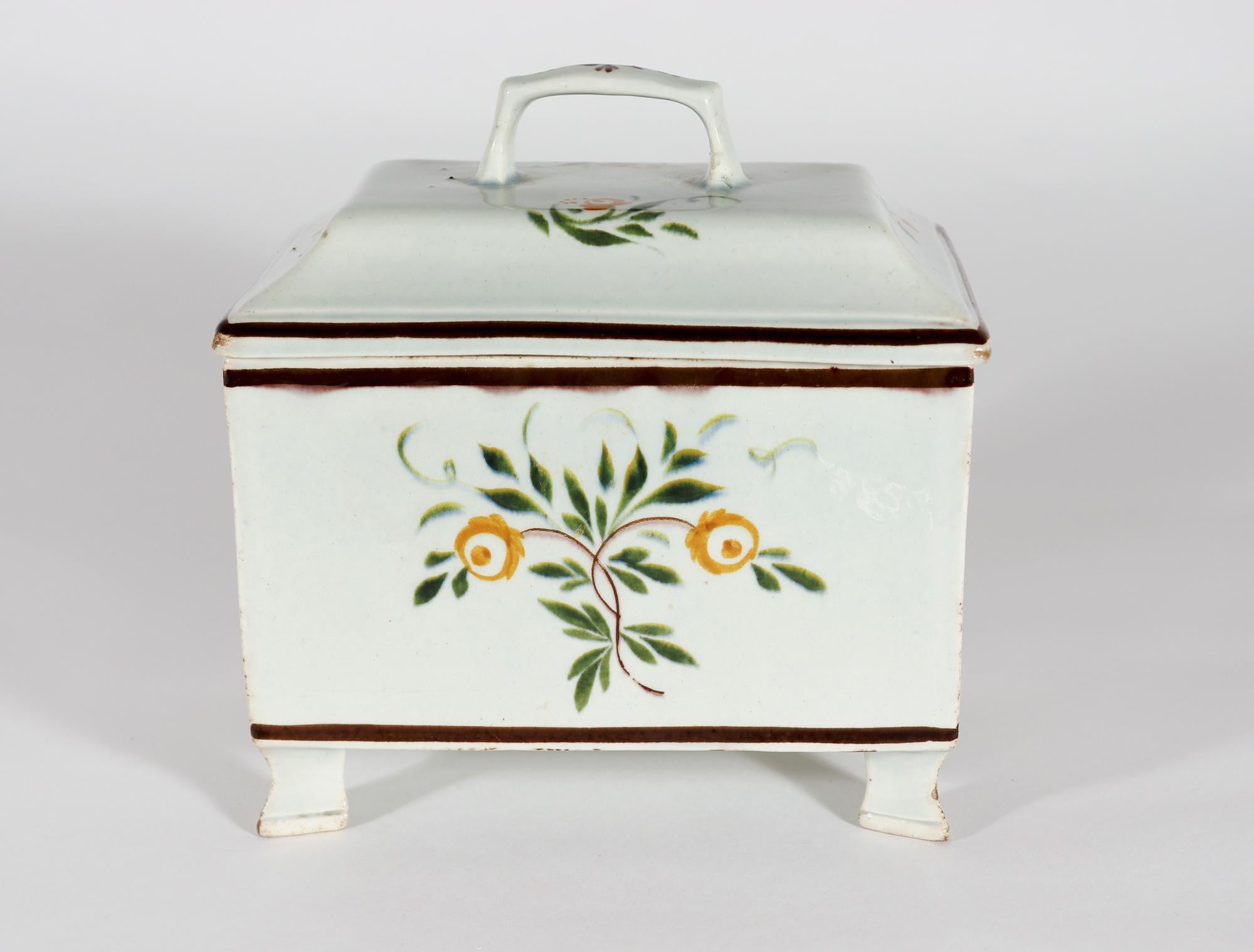 English Unusual Swansea Prattware Pearlware Pottery Covered Botanical Tea Caddy Box For Sale
