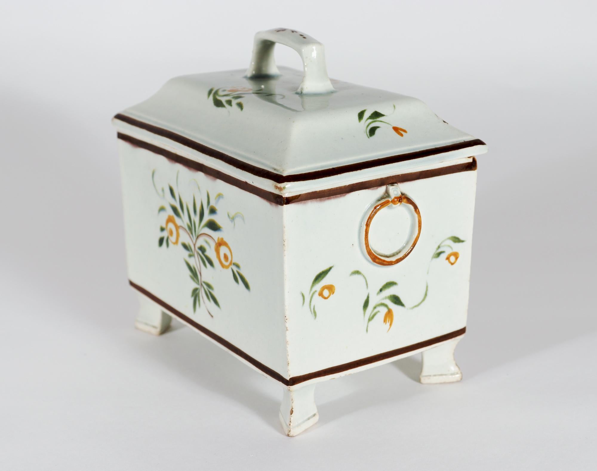 Unusual Swansea Prattware Pearlware Pottery Covered Botanical Tea Caddy Box For Sale 3