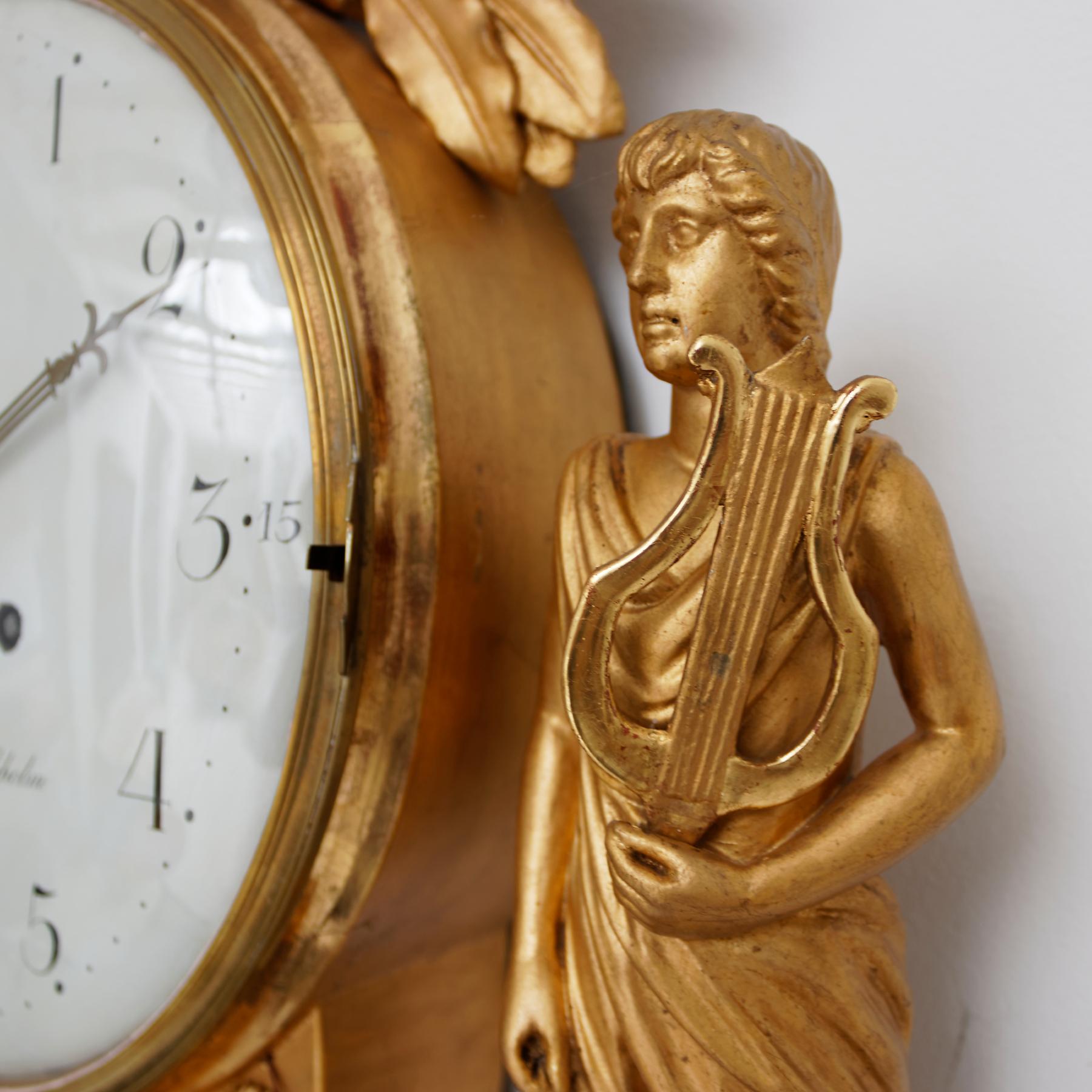 Gilt Unusual Swedish Early 19th Century Empire Wall Cartel Clock by Cederlund For Sale
