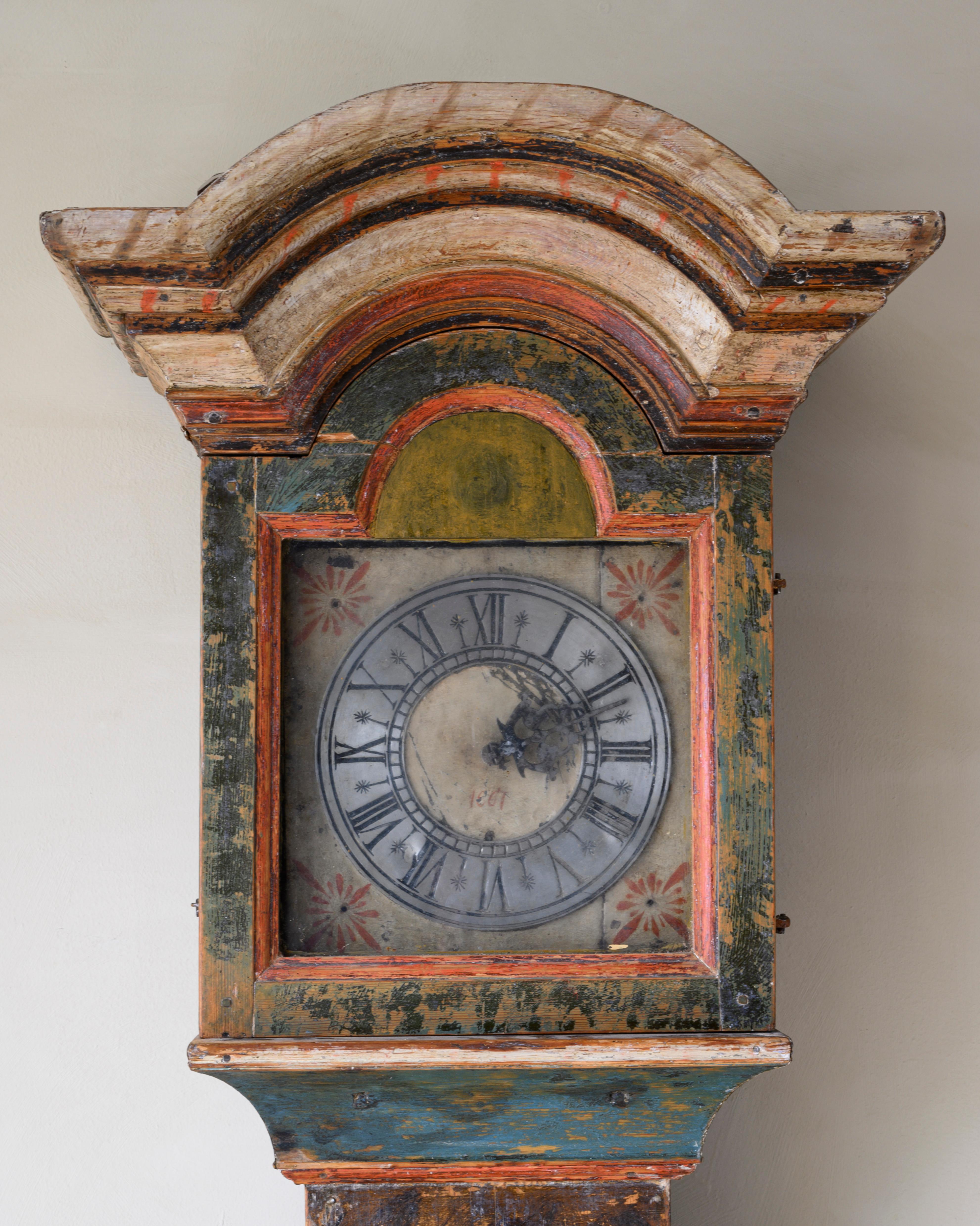 Folk Art Unusual Swedish Provincial 19th Century Tall Case Clock For Sale