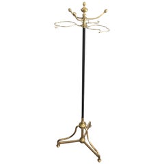Antique Unusual Tall Black Lacquered and Brass Coat and Hat Rack, French, circa 1900
