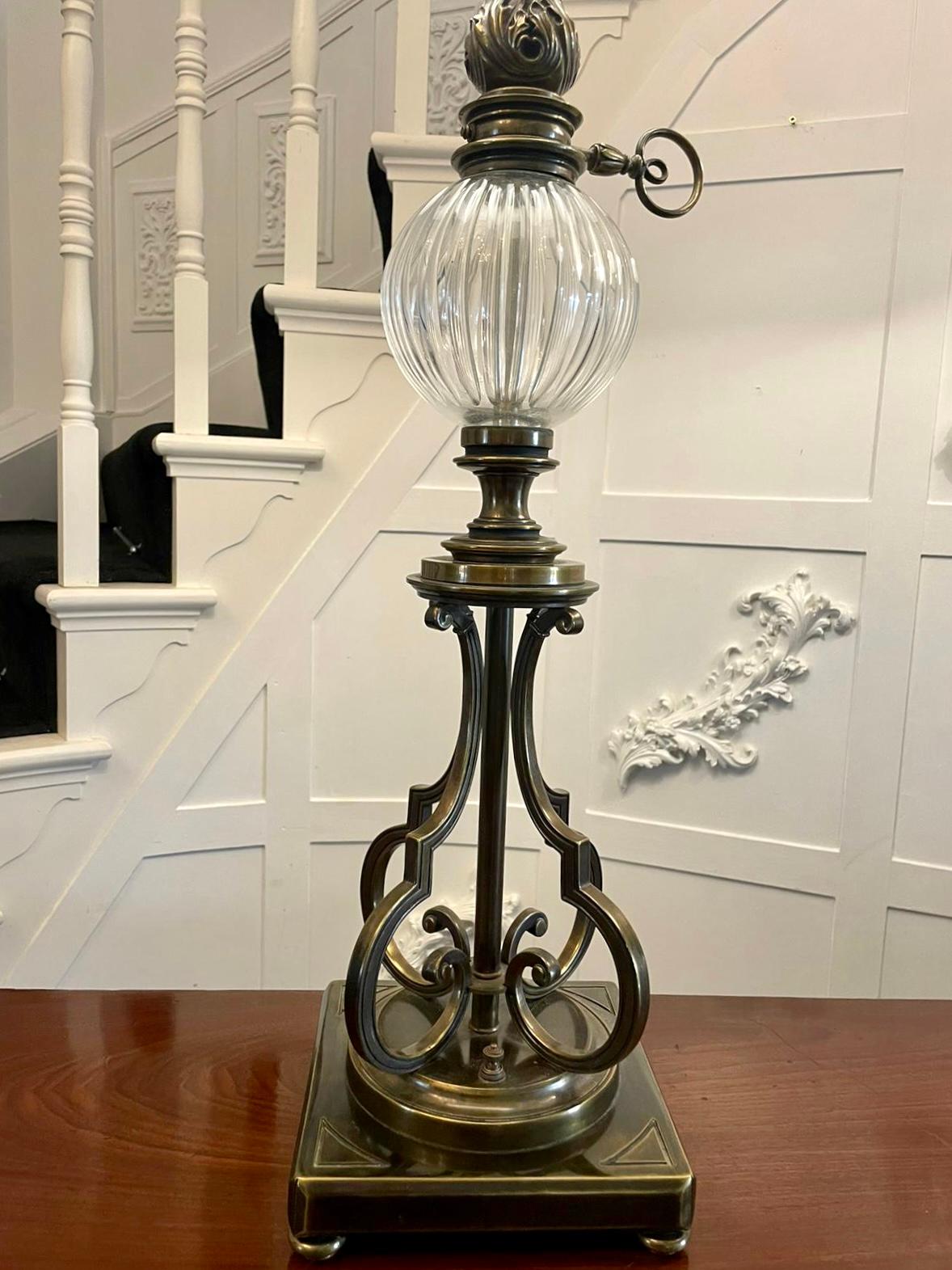 Unusual Tall Pair of Quality Brass and Glass Lamps For Sale 6
