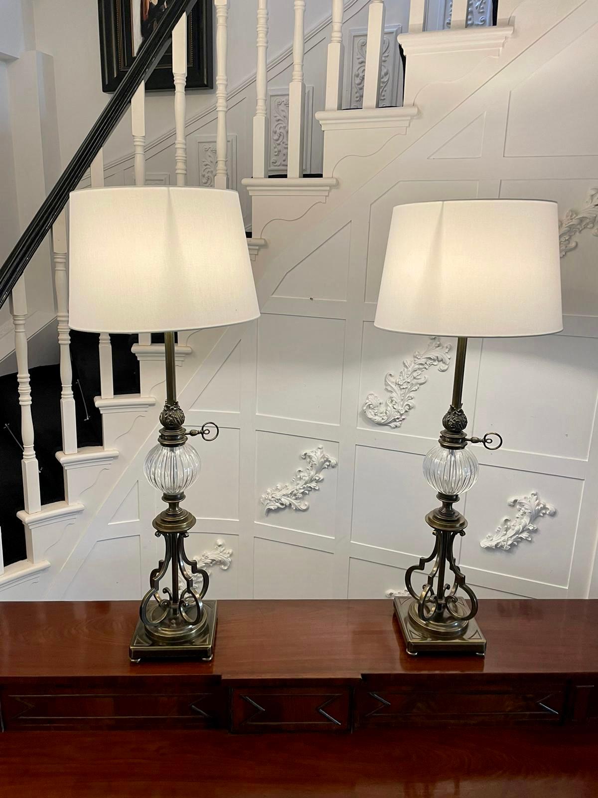 Unusual Tall Pair of Quality Brass and Glass Lamps For Sale 7