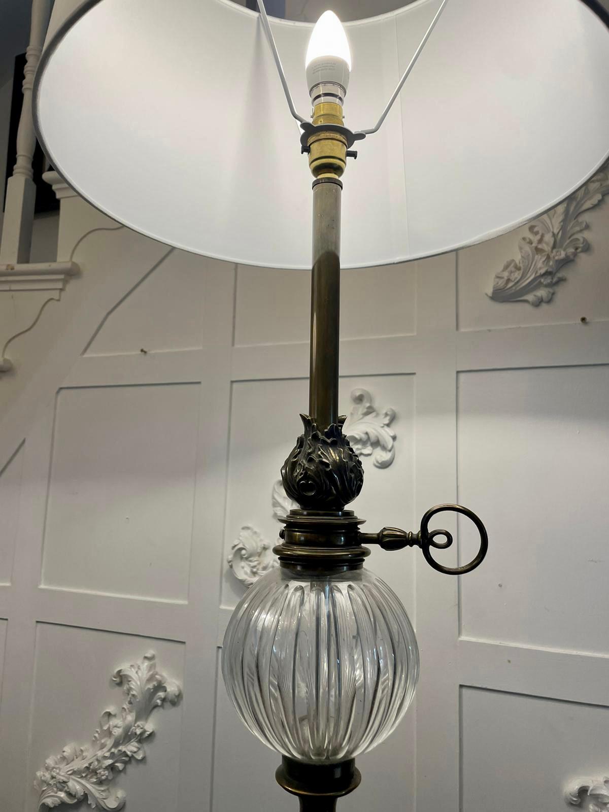 English Unusual Tall Pair of Quality Brass and Glass Lamps For Sale