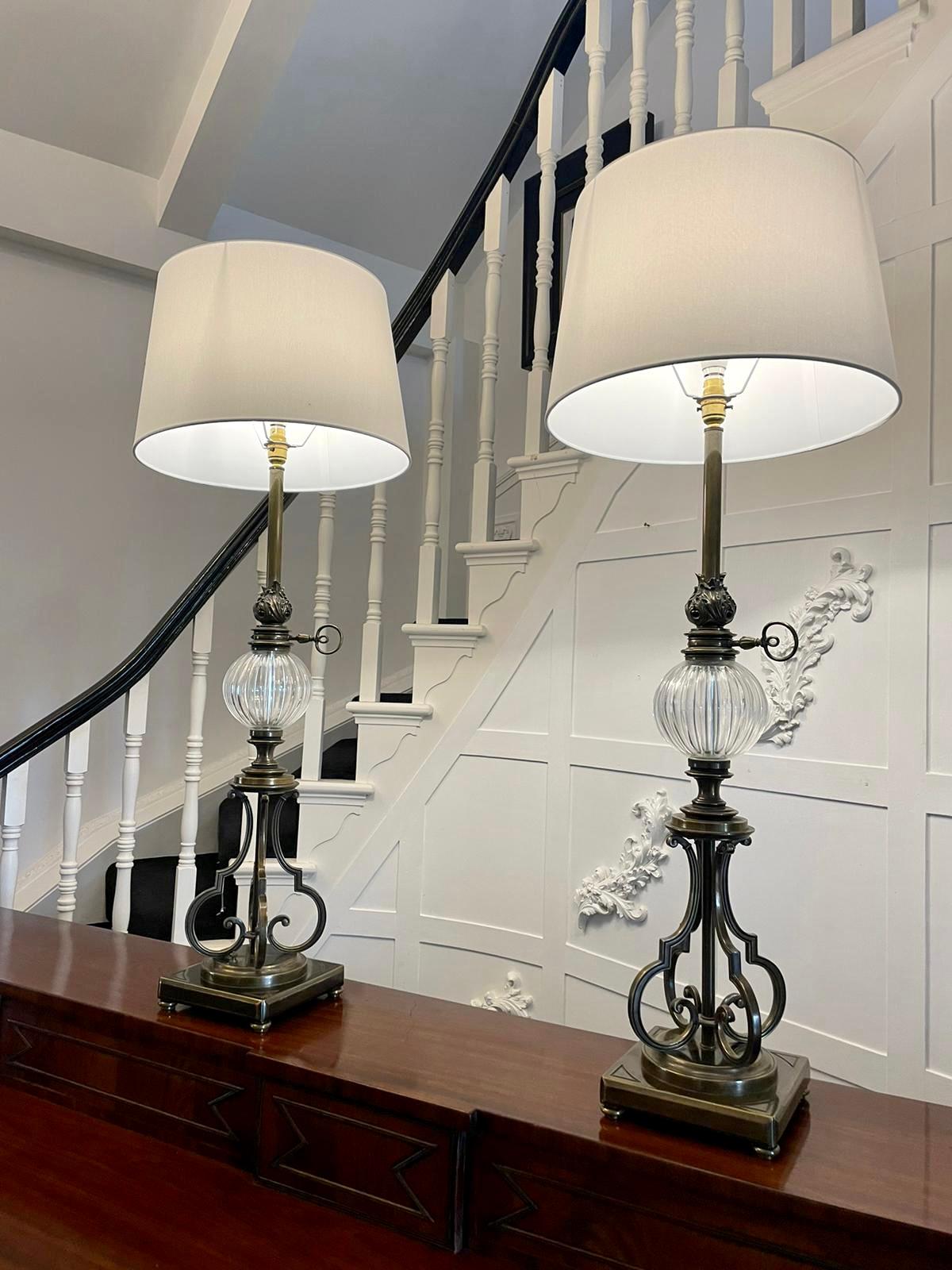 20th Century Unusual Tall Pair of Quality Brass and Glass Lamps For Sale