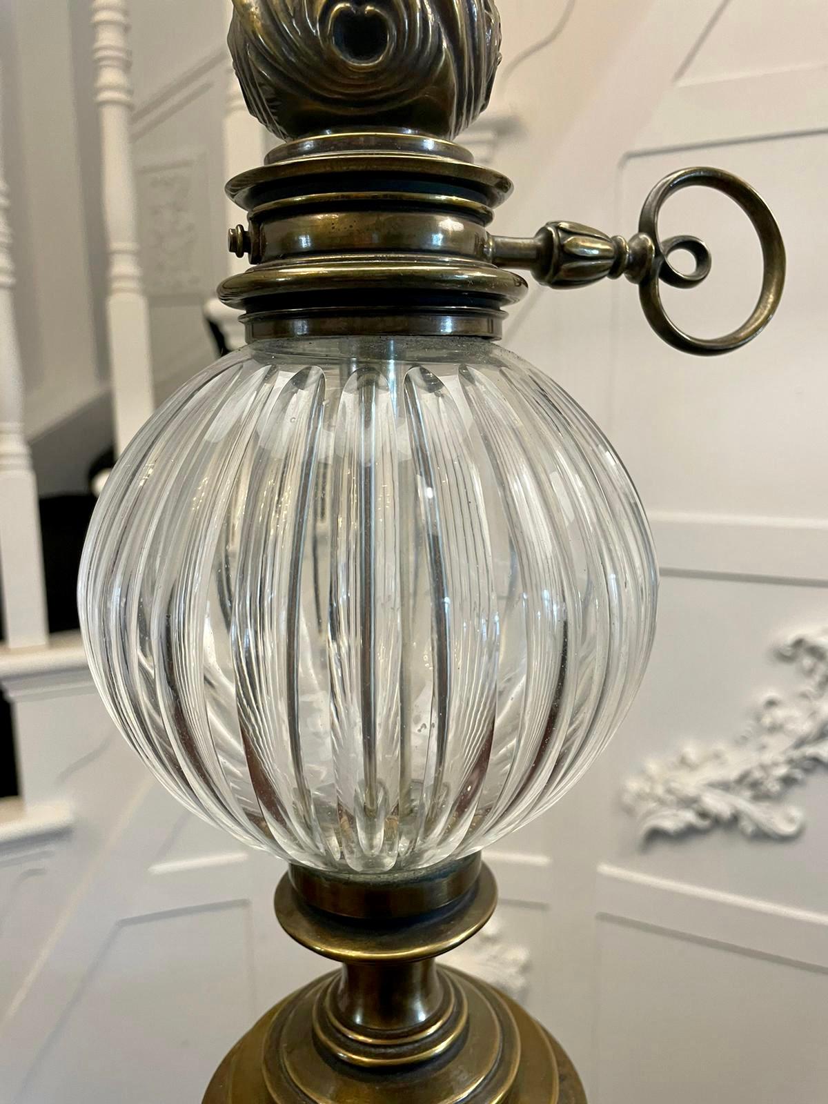 Unusual Tall Pair of Quality Brass and Glass Lamps For Sale 3