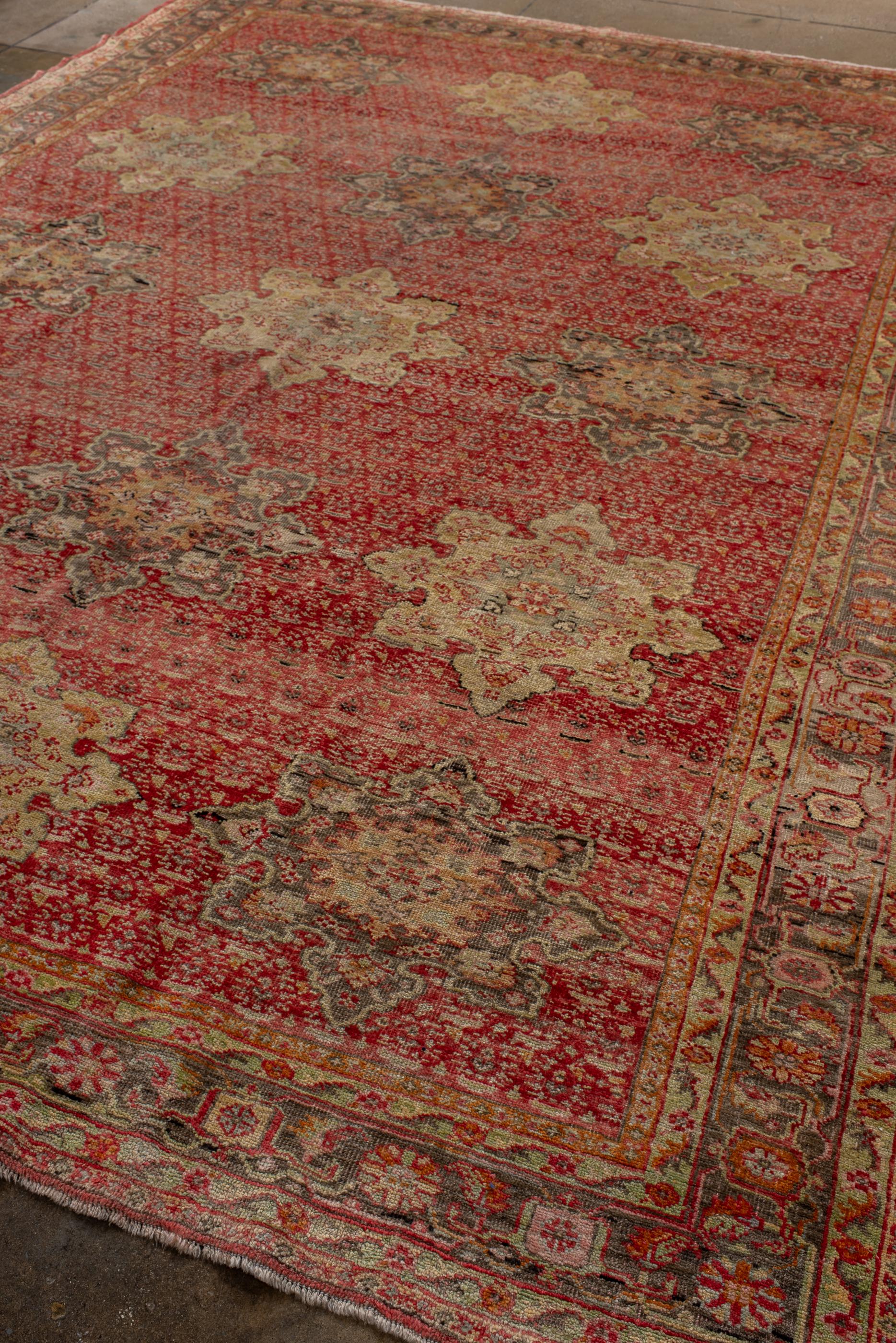 Hand-Knotted Unusual TAntique Turkish Oushak with Boteh Details For Sale