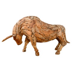 Unusual Teak Sculpture of Pawing Bull, 20th Century