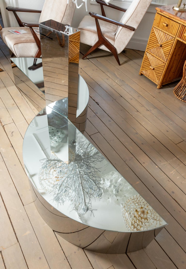 Unusual Three Section Freeform Stainless Steel Coffee Table with Glass