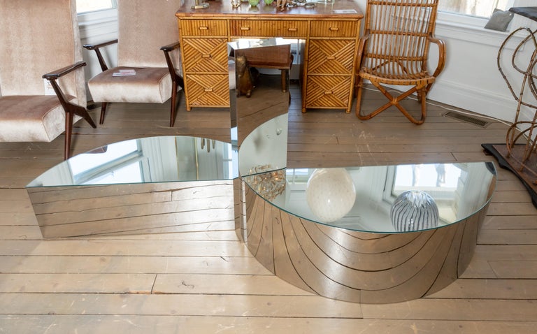 Unusual Three Section Freeform Stainless Steel Coffee Table with Glass
