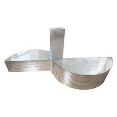 Unusual Three Section Freeform Stainless Steel Coffee Table with Glass Tops
