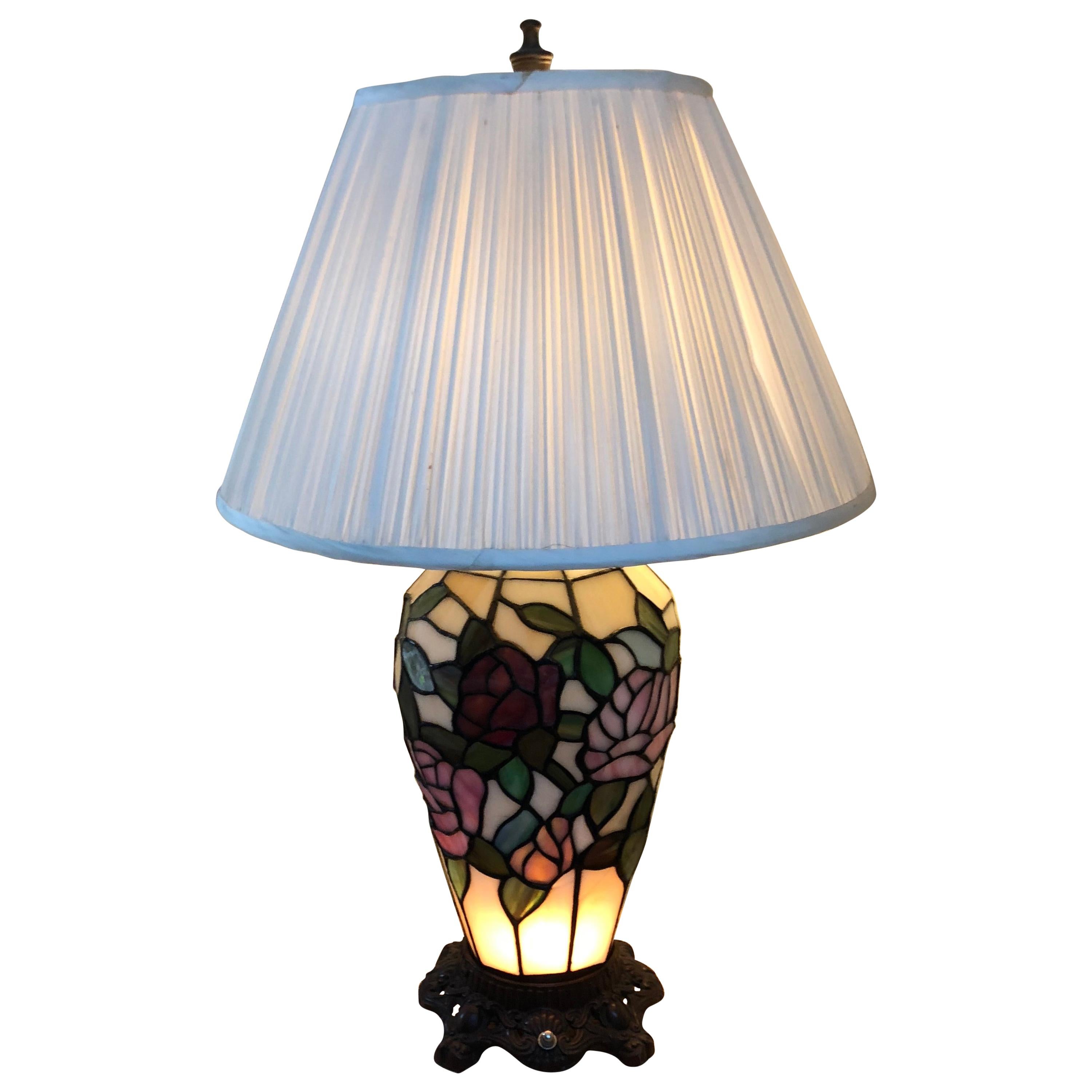 Unusual Tiffany Style Lamp with Base Illumination For Sale