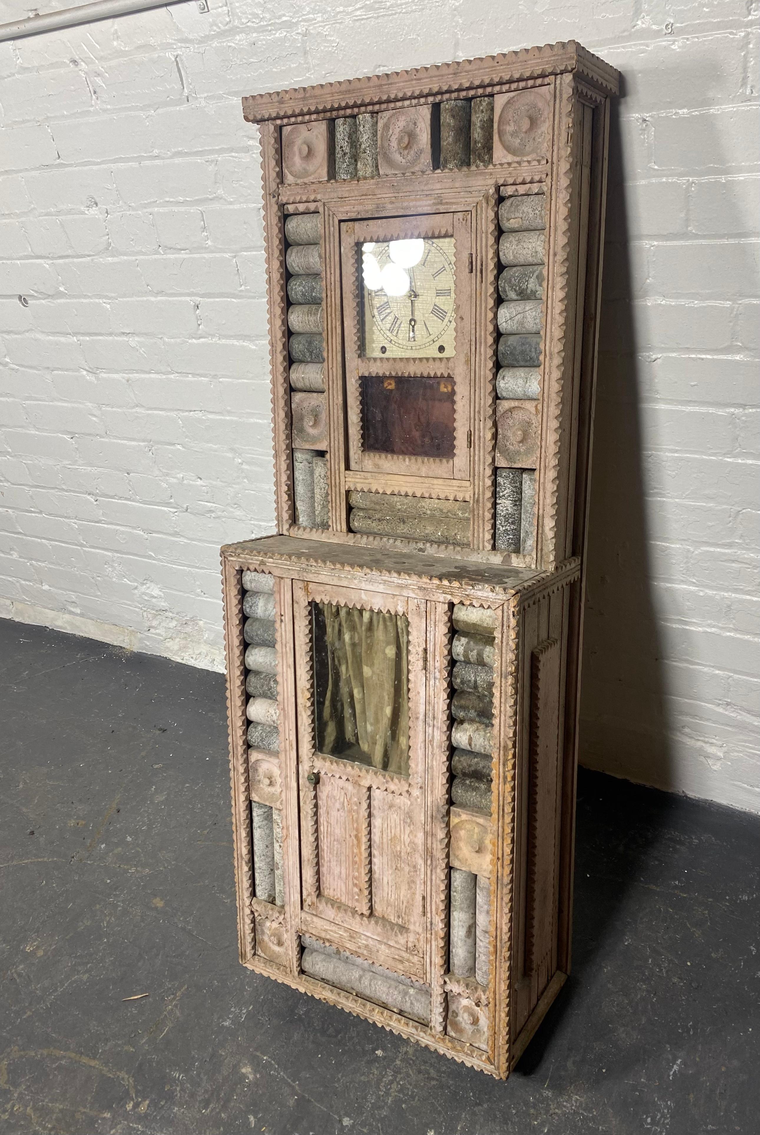 Unusual Tramp Art / Folk Art Wood and Stone Clock, sculpture. cabinet. In Good Condition For Sale In Buffalo, NY