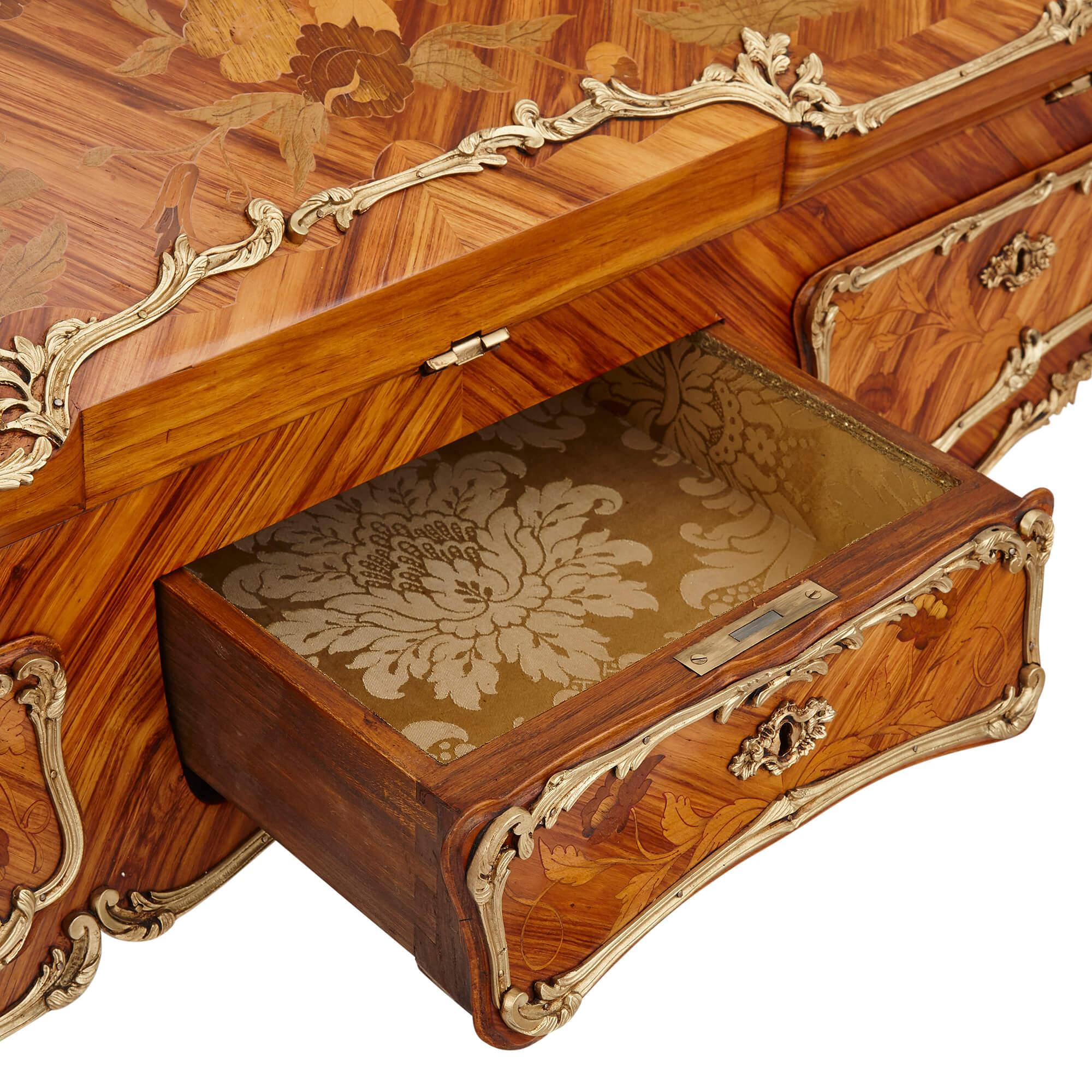 Unusual Transition Style Marquetry and Gilt Bronze Double Sided Writing Desk For Sale 3