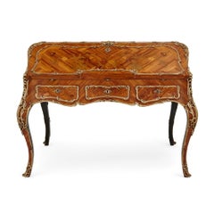 Unusual Transition Style Marquetry and Gilt Bronze Double Sided Writing Desk