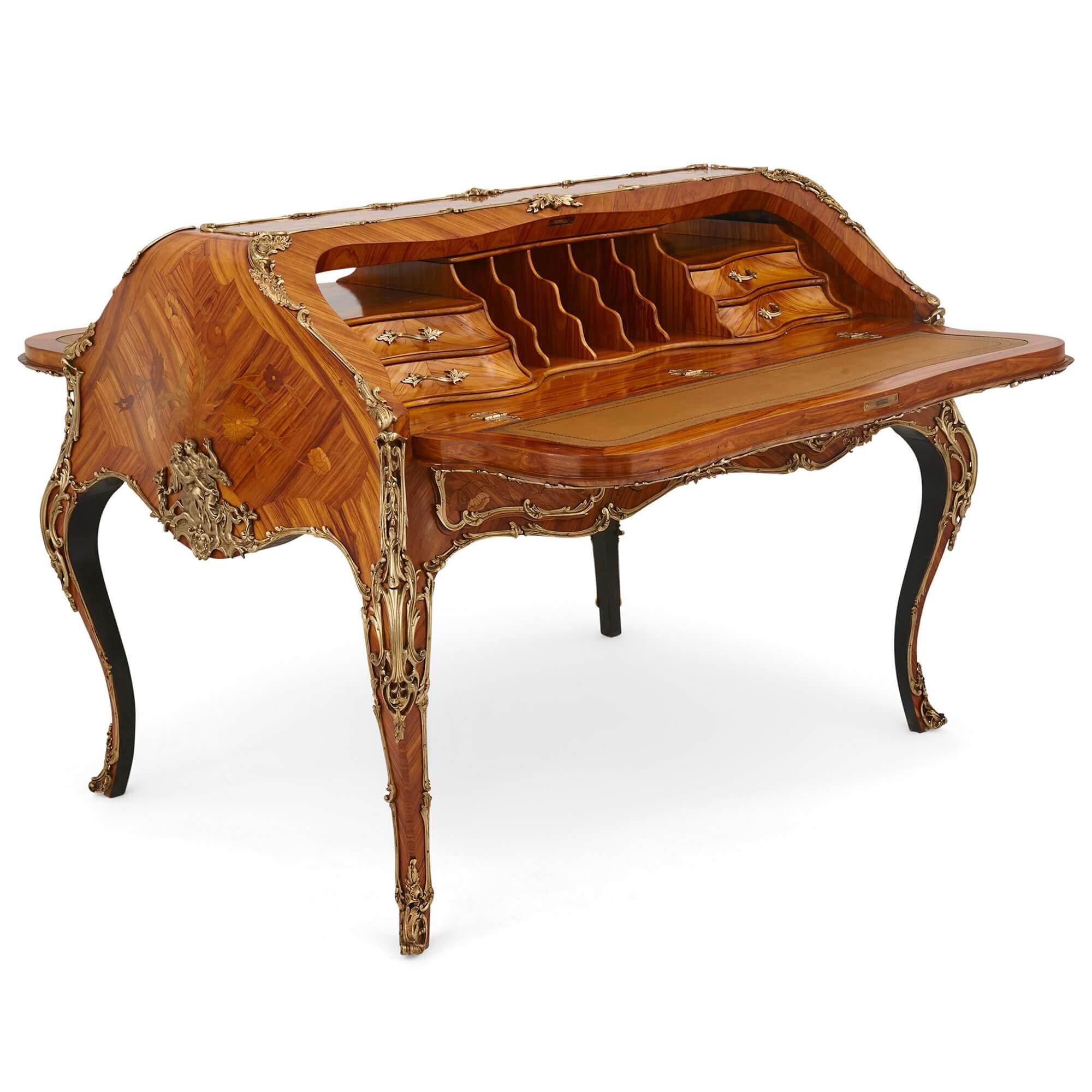 Louis XV Unusual Transition Style Marquetry and Gilt Bronze Double Sided Writing Desk For Sale