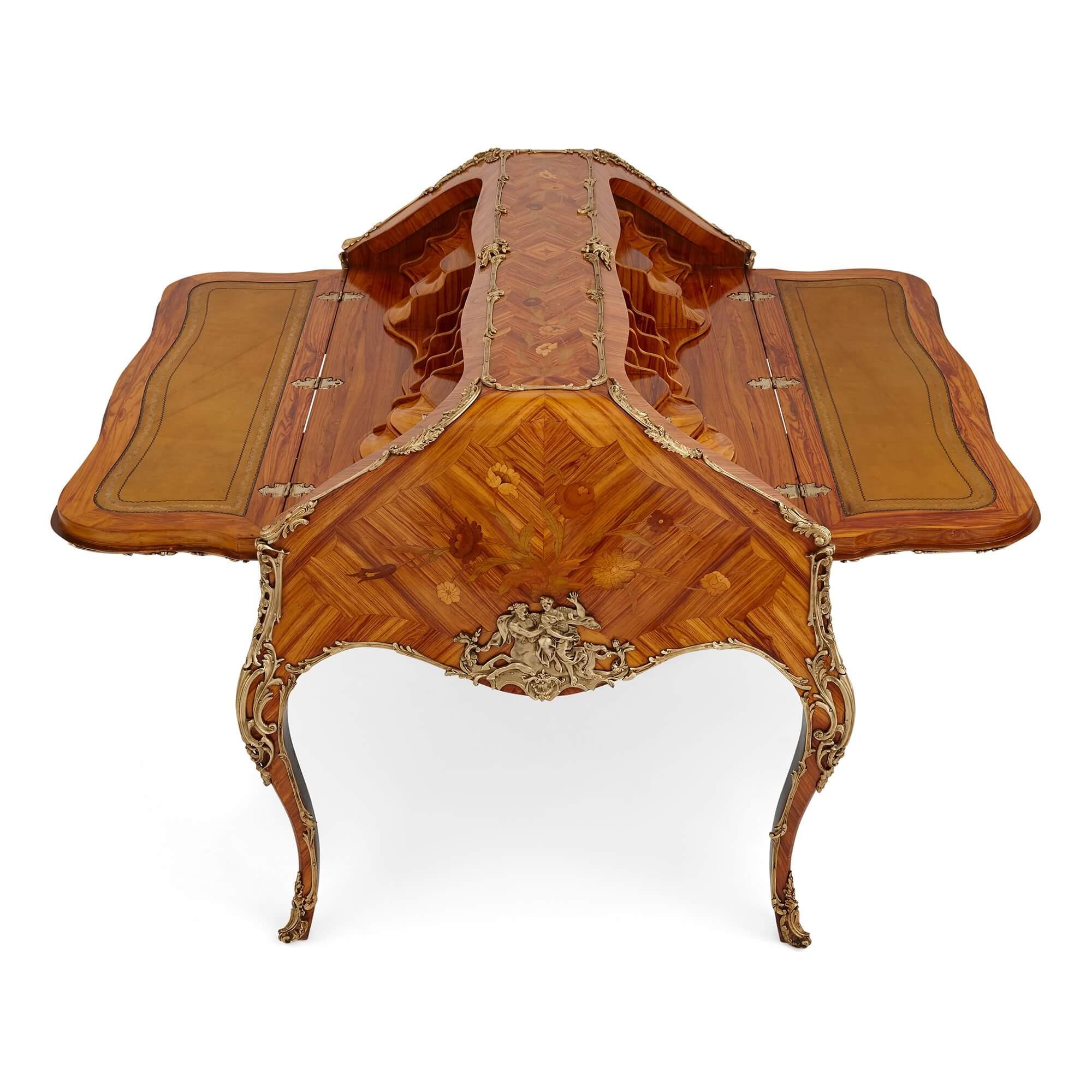 French Unusual Transition Style Marquetry and Gilt Bronze Double Sided Writing Desk For Sale