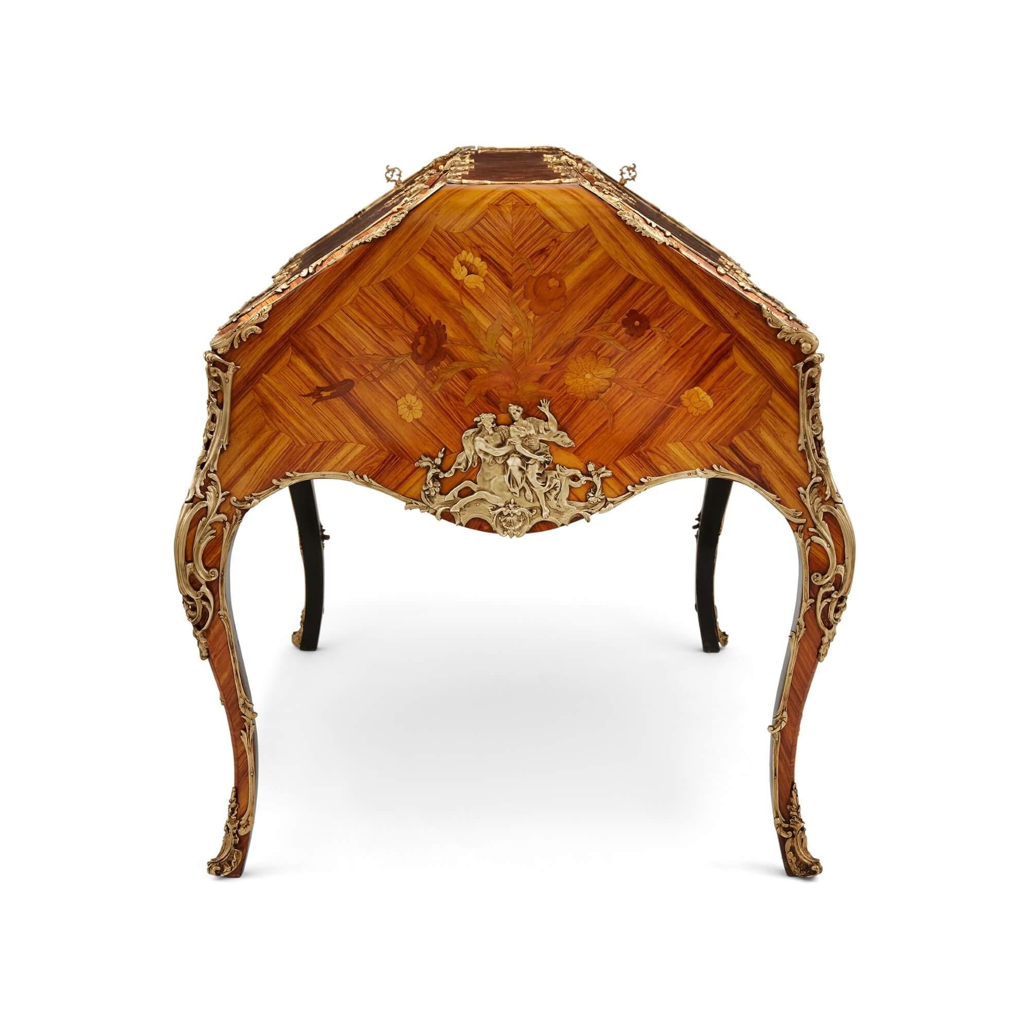 20th Century Unusual Transition Style Marquetry and Gilt Bronze Double Sided Writing Desk For Sale