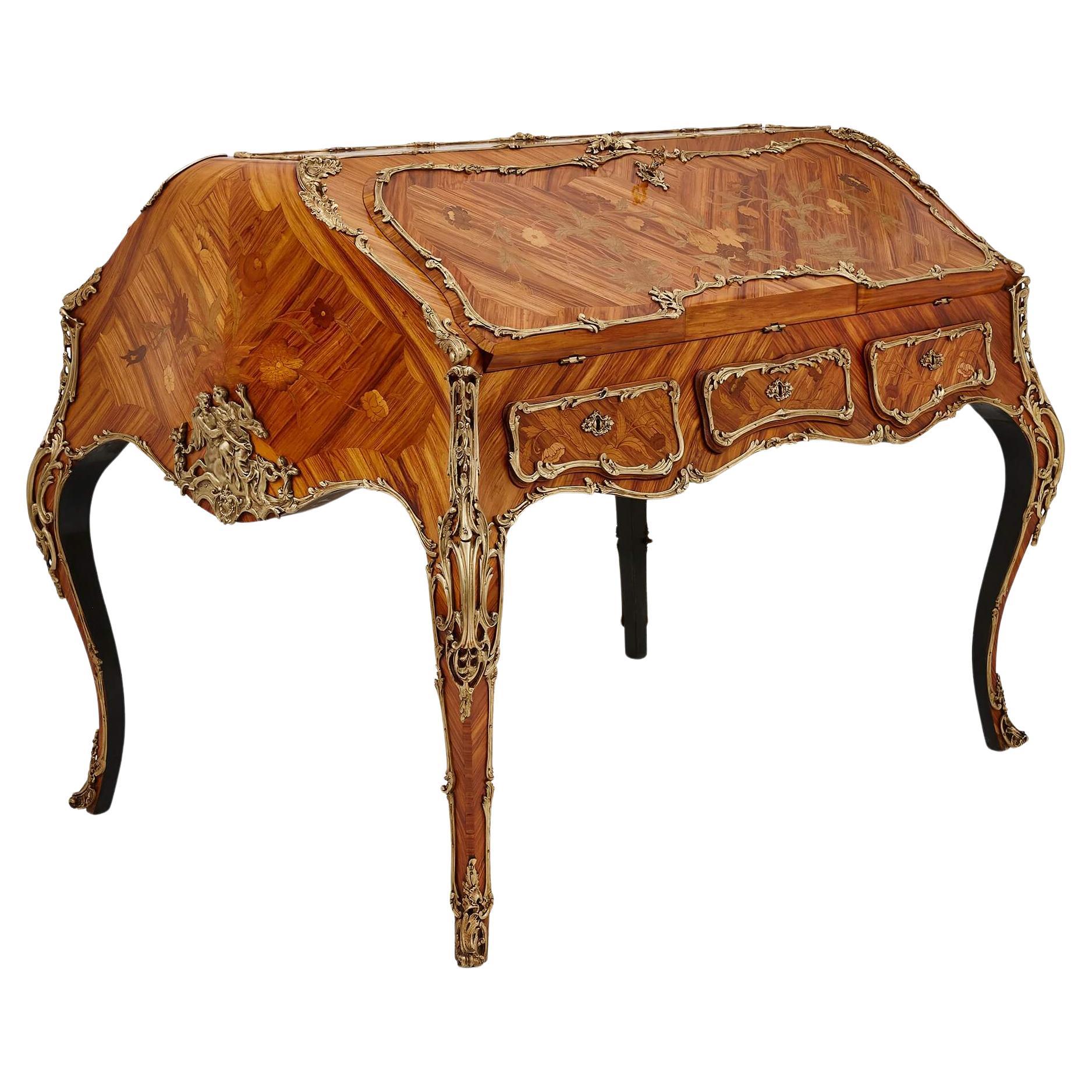 Unusual Transition Style Marquetry and Gilt Bronze Double Sided Writing Desk For Sale