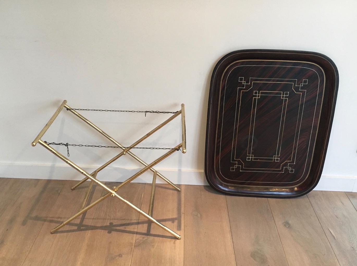 Neoclassical Unusual Tray Table in Brass with a Lacquer Tole Top, circa 1950 For Sale