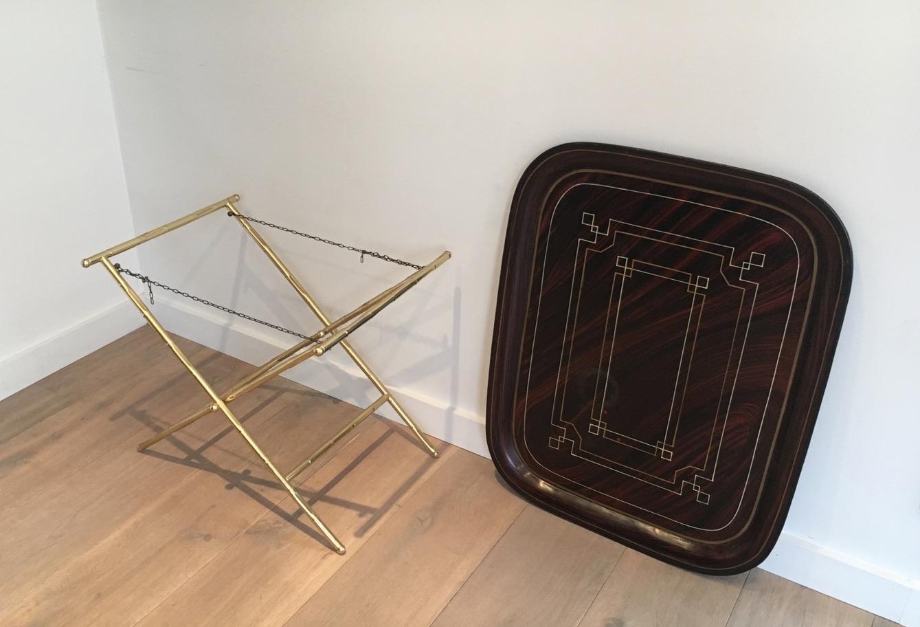 French Unusual Tray Table in Brass with a Lacquer Tole Top, circa 1950 For Sale