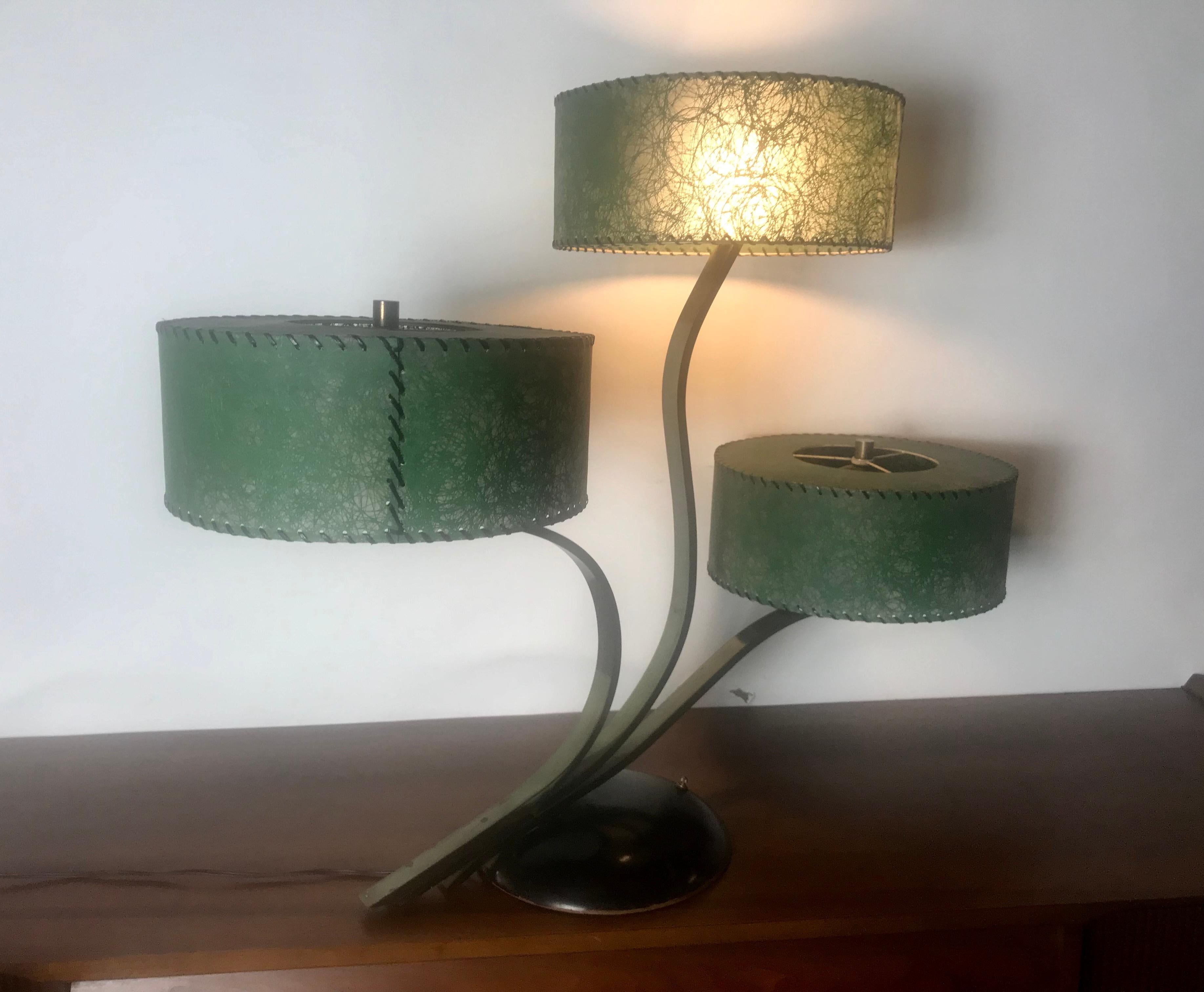Mid-Century Modern Unusual Triple Shade Table Lamp, , Majestic Lamp Company, , Green Fiberglass Shades