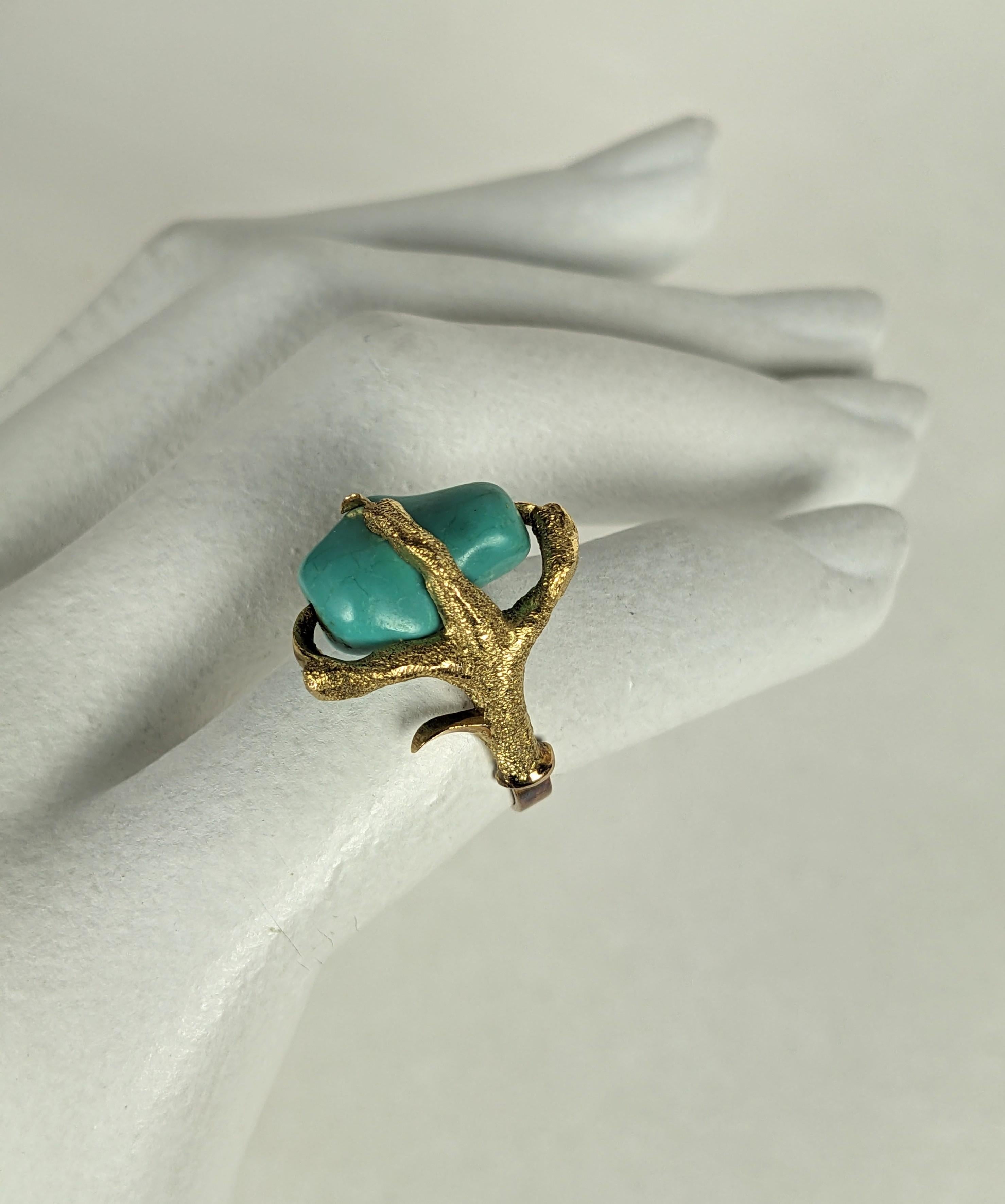 Unusual Tumbled Turquoise Claw Ring For Sale 4