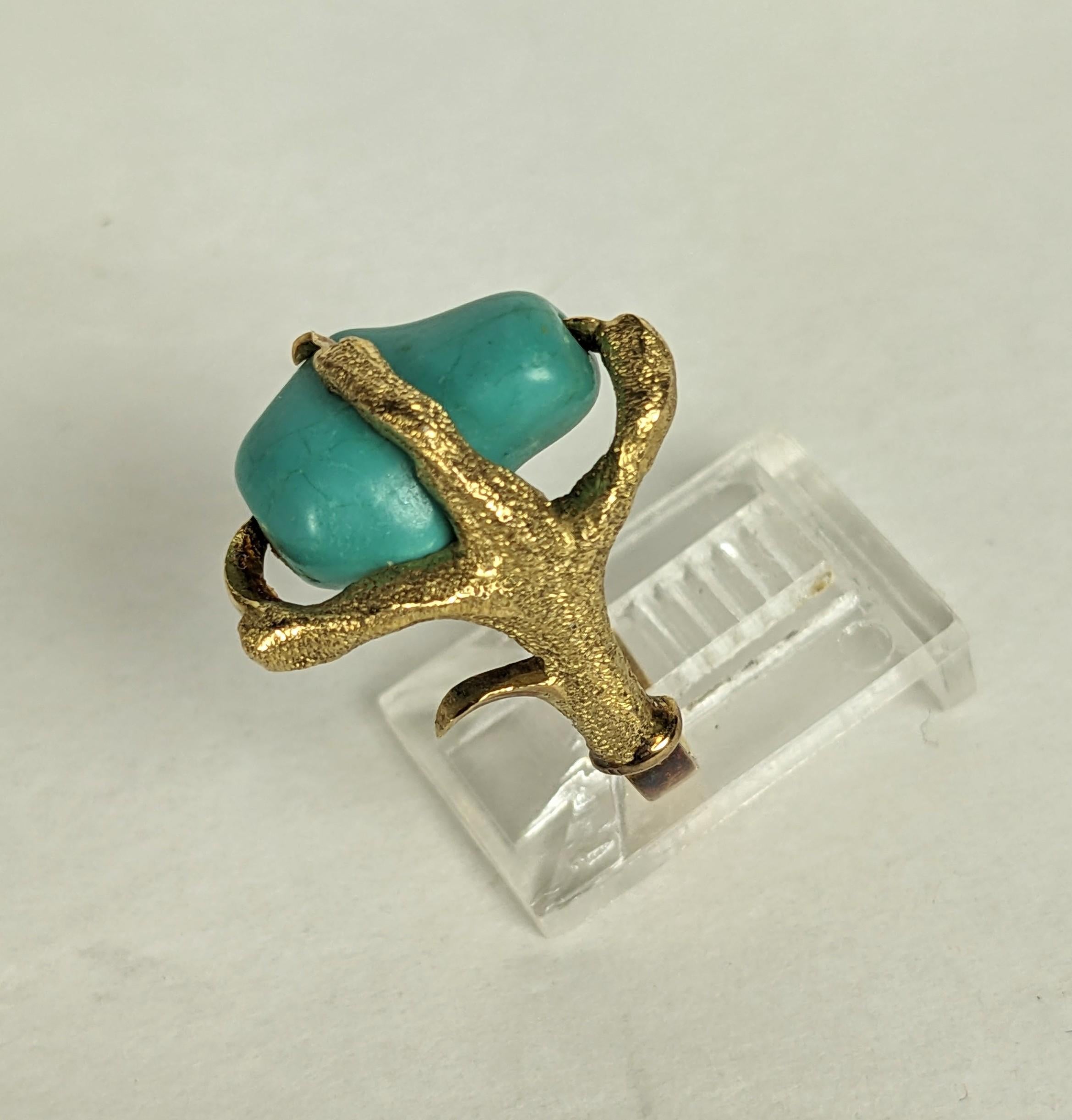 Artisan Unusual Tumbled Turquoise Claw Ring For Sale
