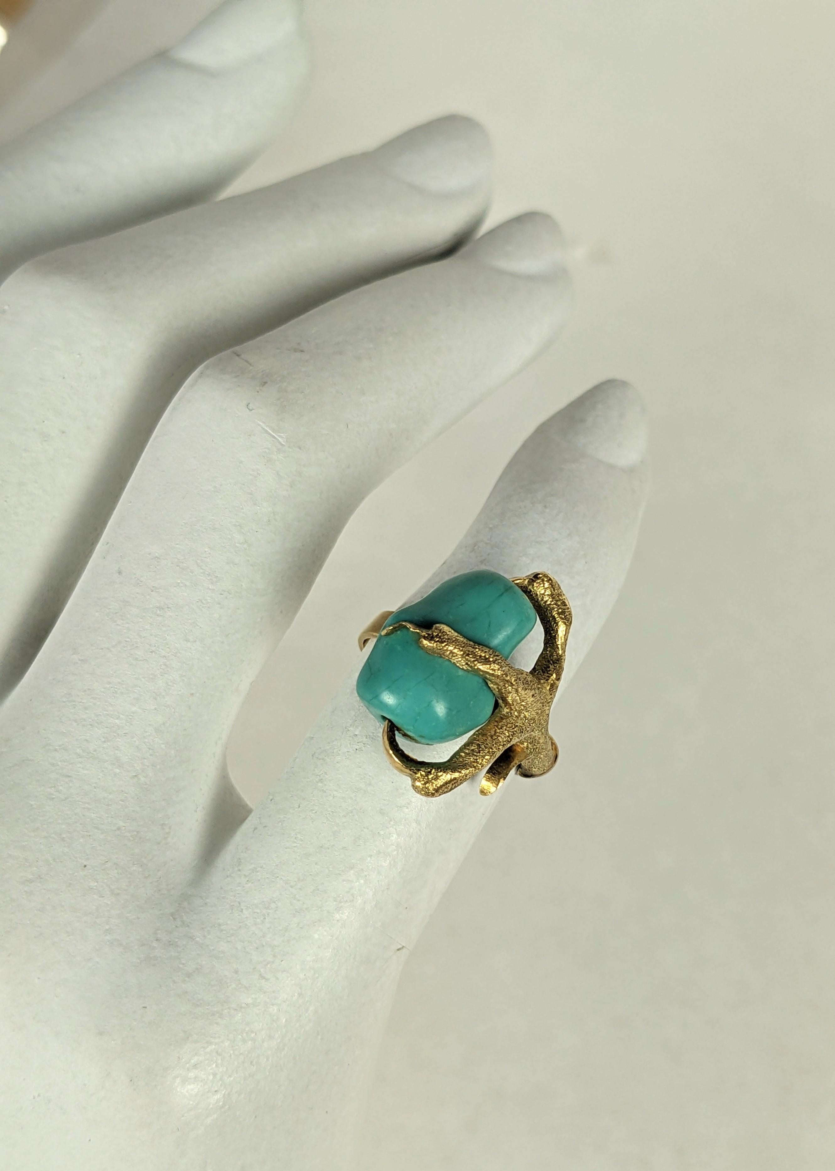 Unusual Tumbled Turquoise Claw Ring For Sale 2