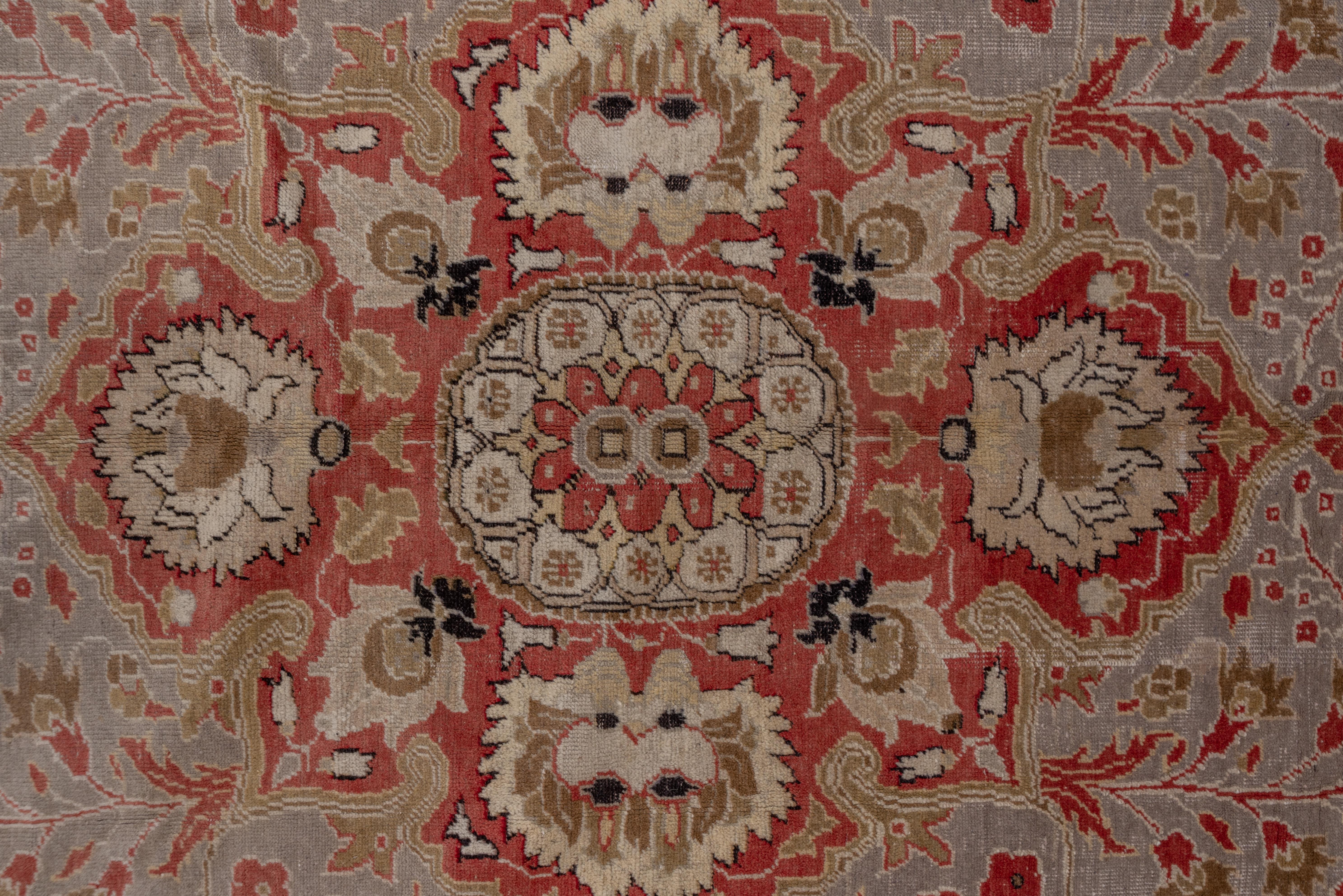 Unusual Turkish Oushak Rug, Gray Field, Pink Borders, Center Medallion In Good Condition For Sale In New York, NY