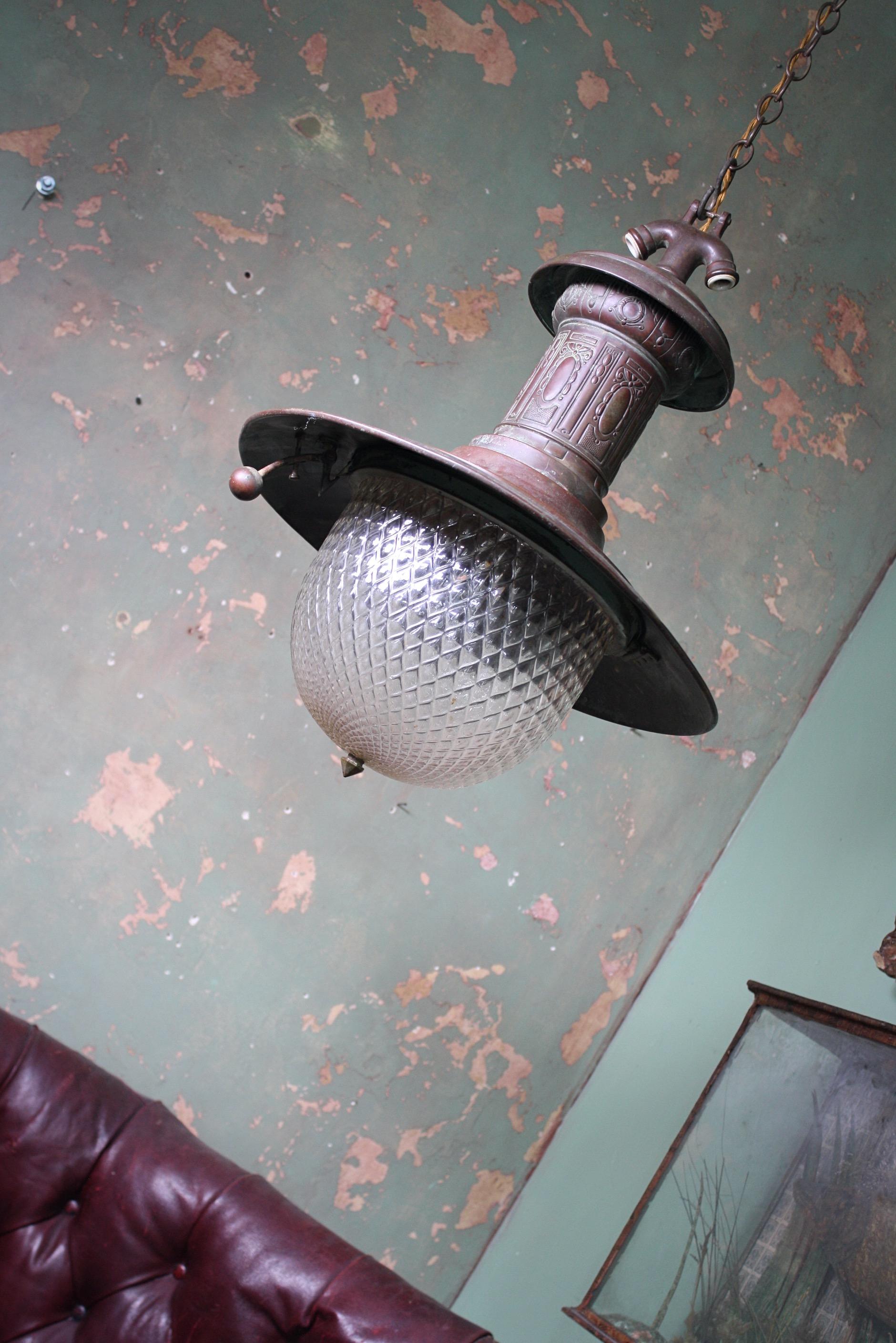 Unusual Turn of the Century Copper and Quilted Glass Gas Lantern Light 6