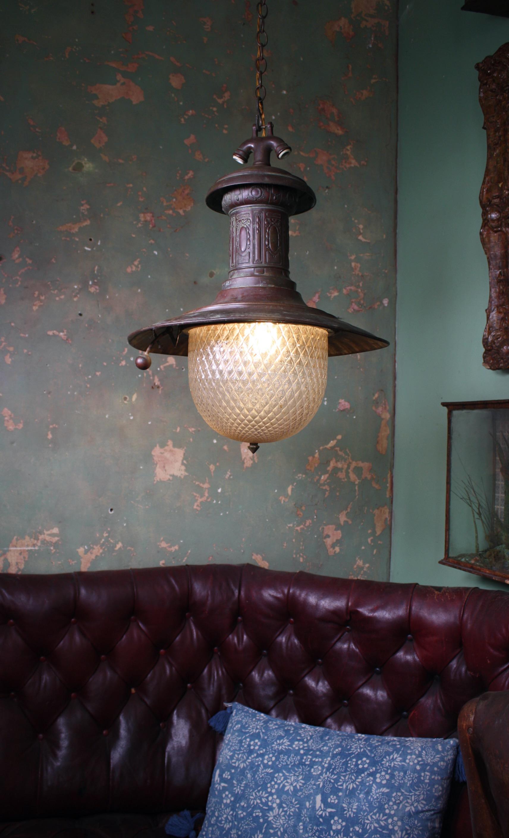 19th Century Unusual Turn of the Century Copper and Quilted Glass Gas Lantern Light