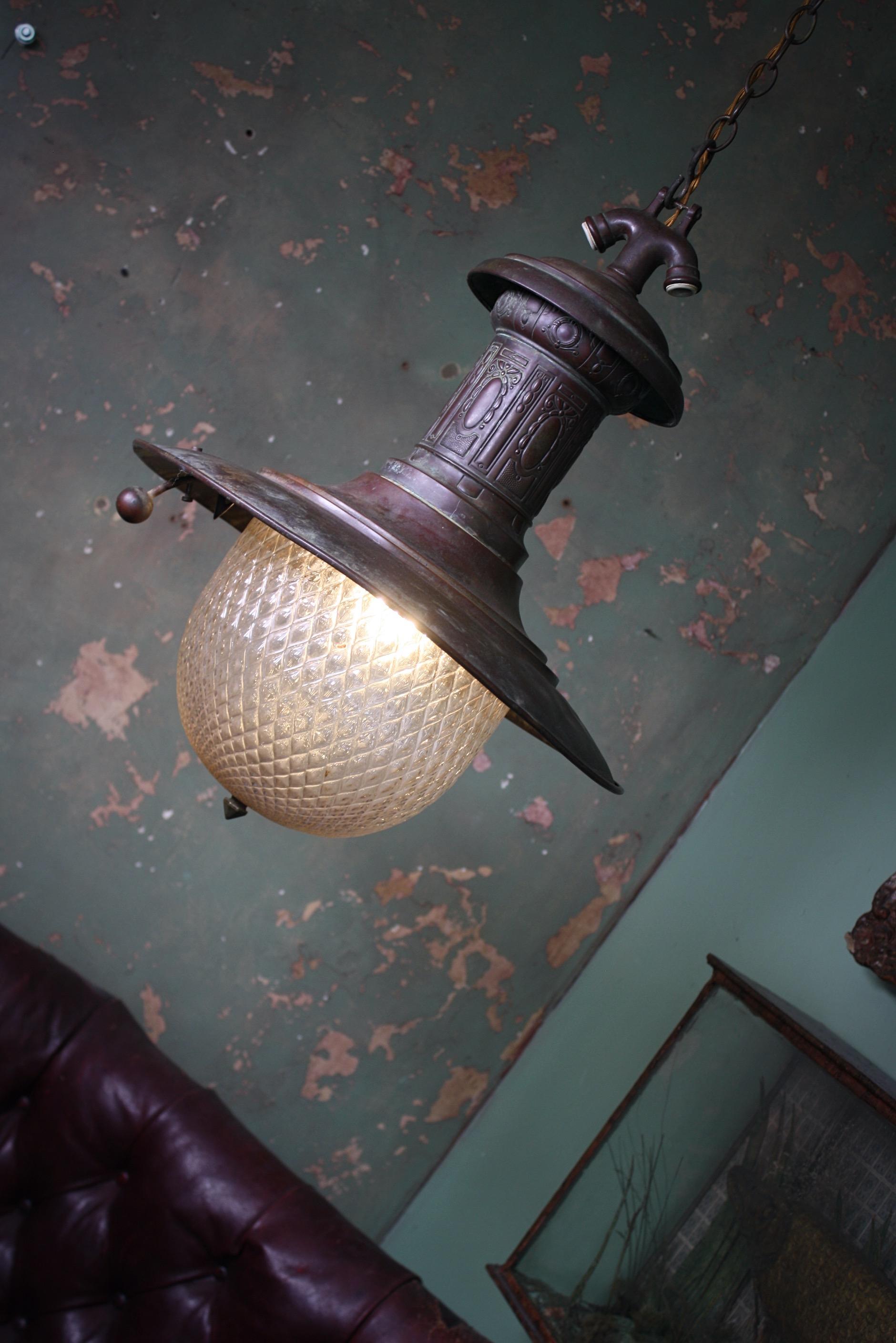 Unusual Turn of the Century Copper and Quilted Glass Gas Lantern Light 1