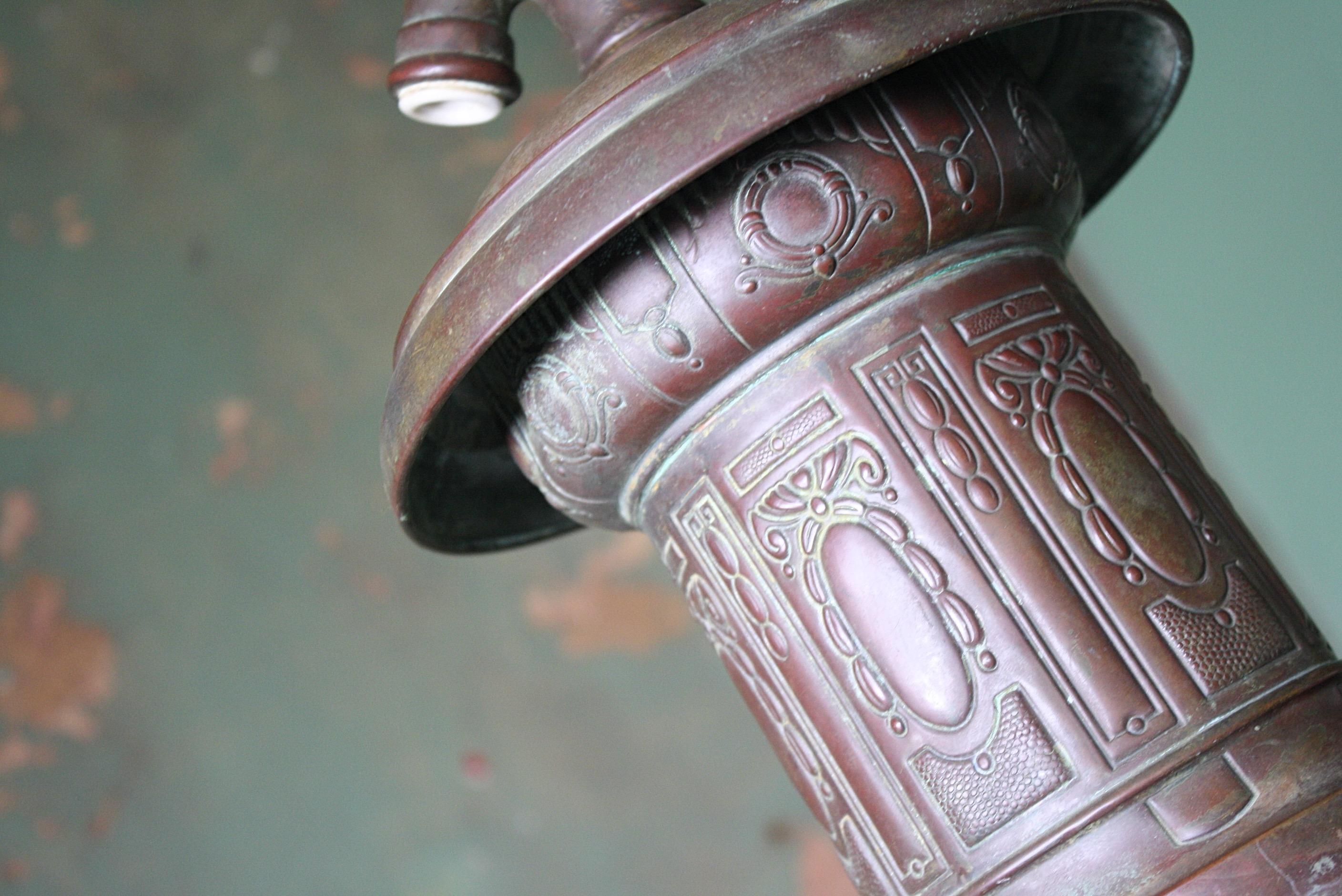 Unusual Turn of the Century Copper and Quilted Glass Gas Lantern Light 2